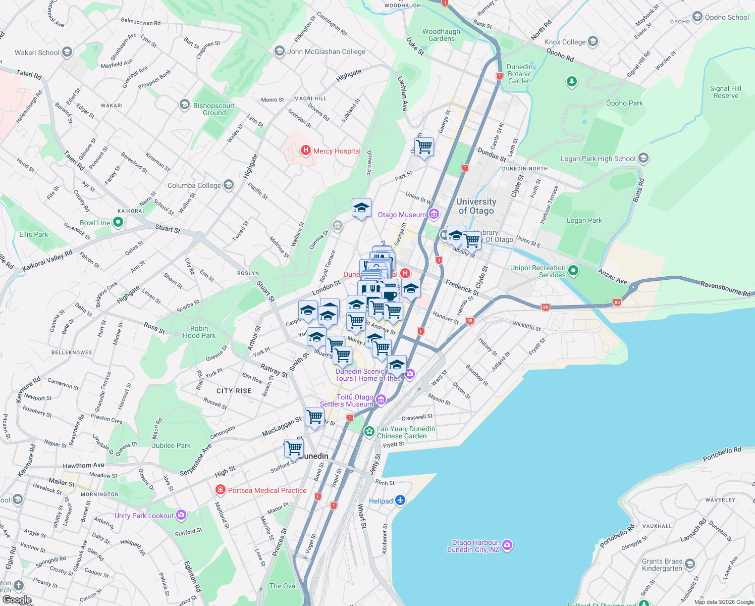 map of restaurants, bars, coffee shops, grocery stores, and more near 31 Albion Place in Dunedin