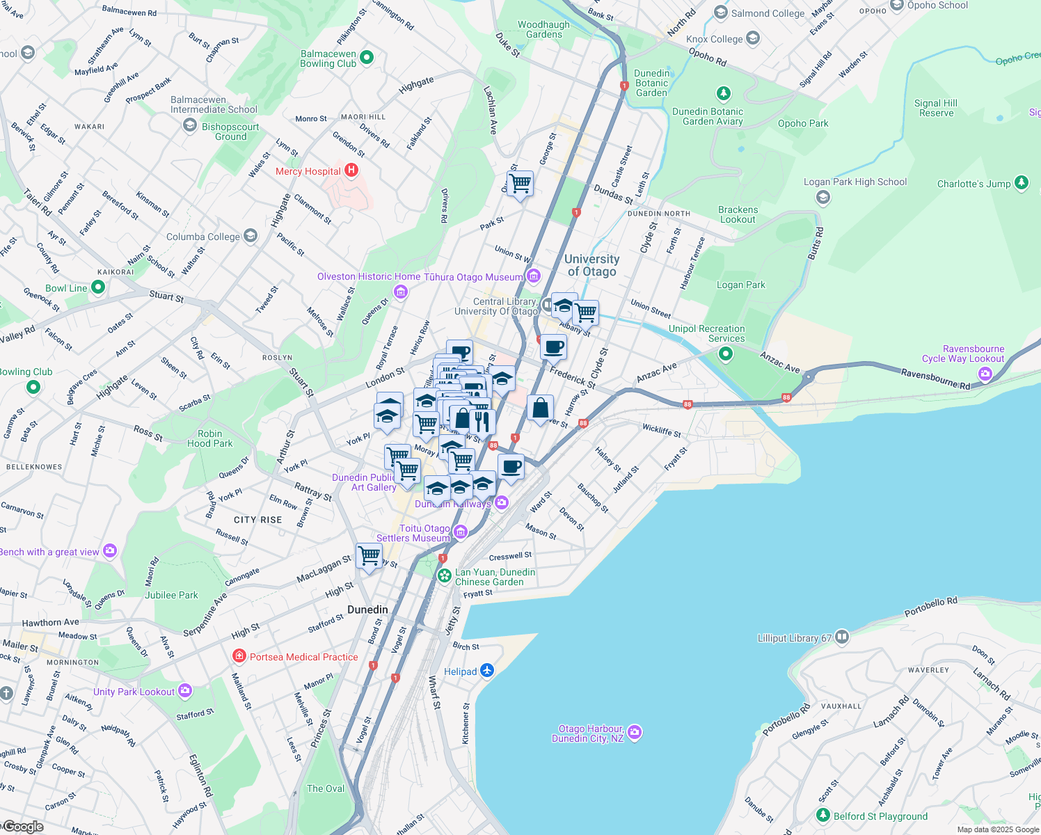 map of restaurants, bars, coffee shops, grocery stores, and more near 192 Castle Street in Dunedin