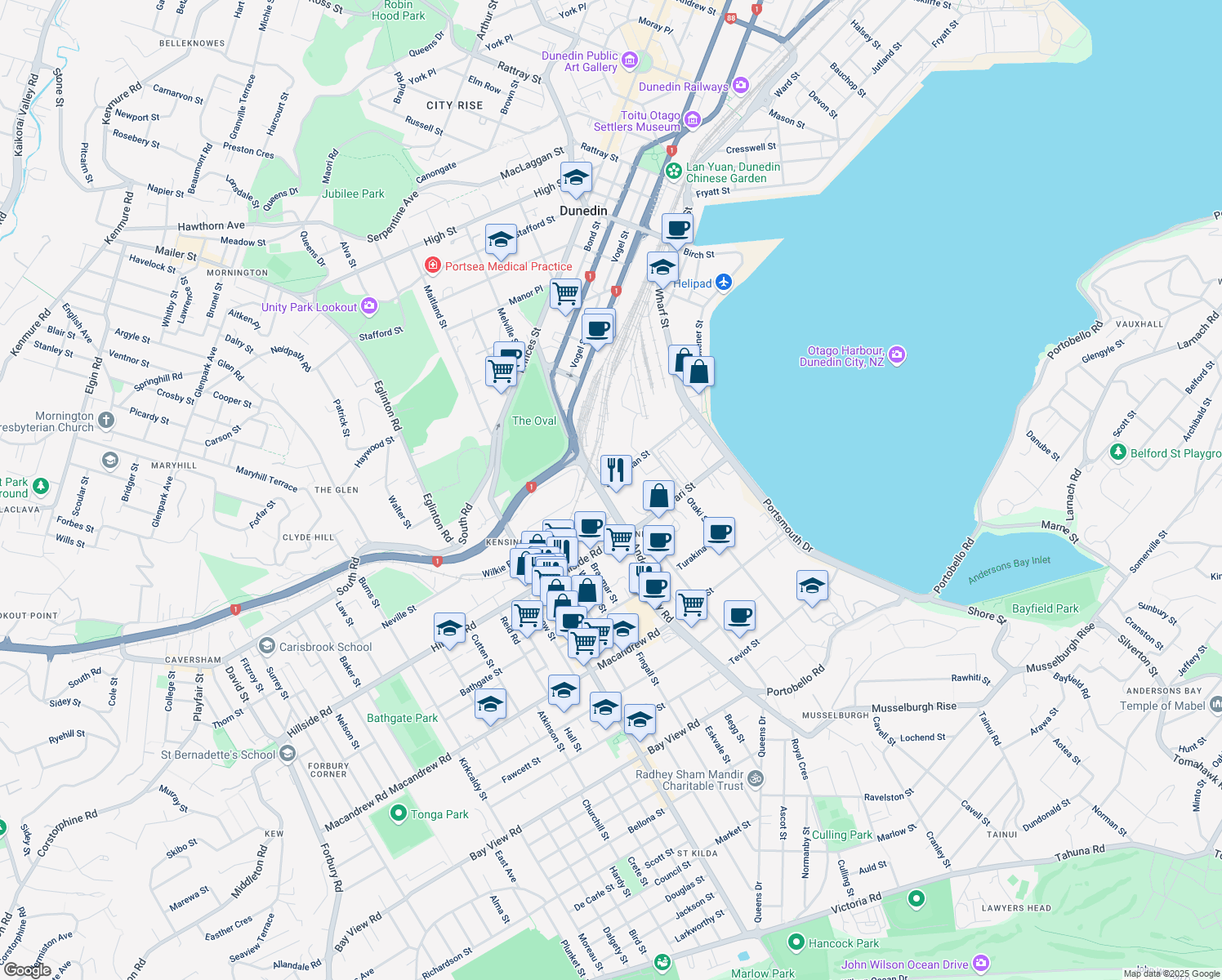 map of restaurants, bars, coffee shops, grocery stores, and more near 272 Andersons Bay Road in Dunedin