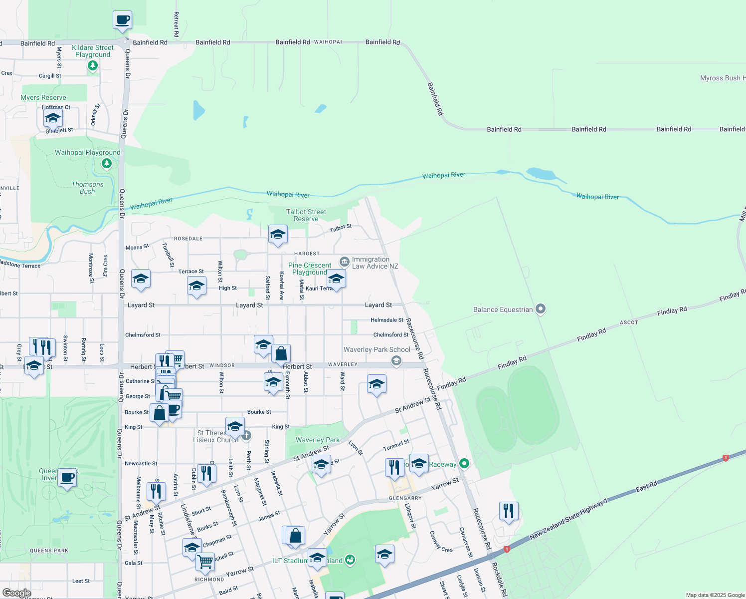 map of restaurants, bars, coffee shops, grocery stores, and more near 288 Layard Street in Invercargill