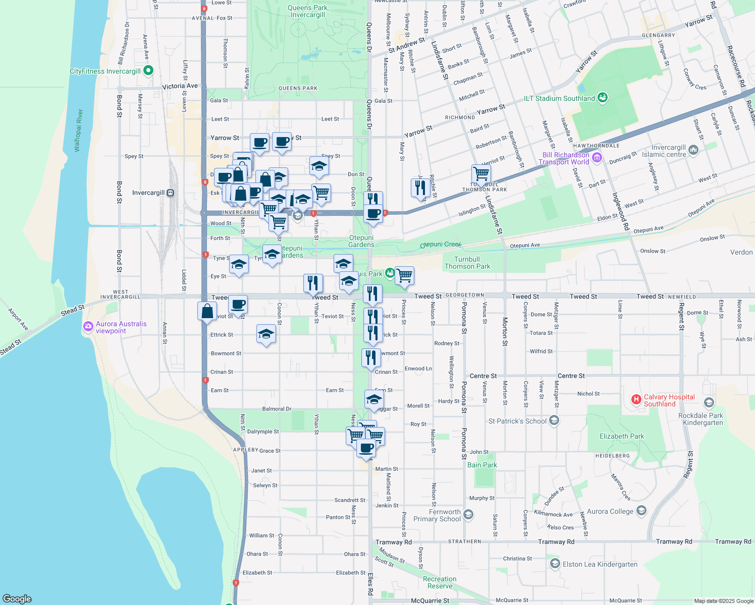 map of restaurants, bars, coffee shops, grocery stores, and more near Tweed Street in Invercargill