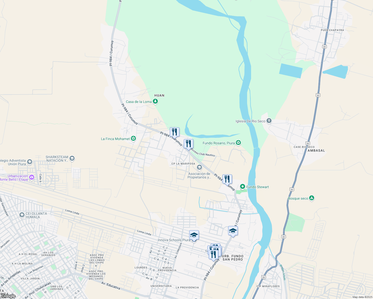 map of restaurants, bars, coffee shops, grocery stores, and more near Los Ejidos in Piura