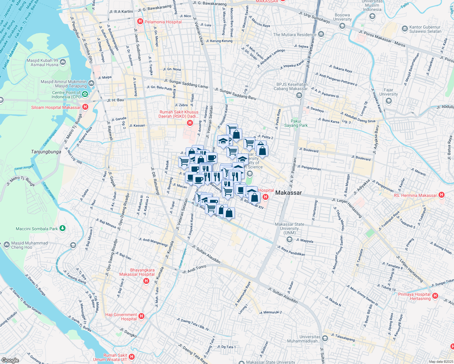 map of restaurants, bars, coffee shops, grocery stores, and more near Jalan Wijaya Kusuma Raya in Makassar