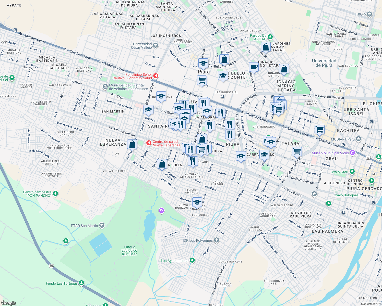 map of restaurants, bars, coffee shops, grocery stores, and more near Avenida Circunvalación in Piura