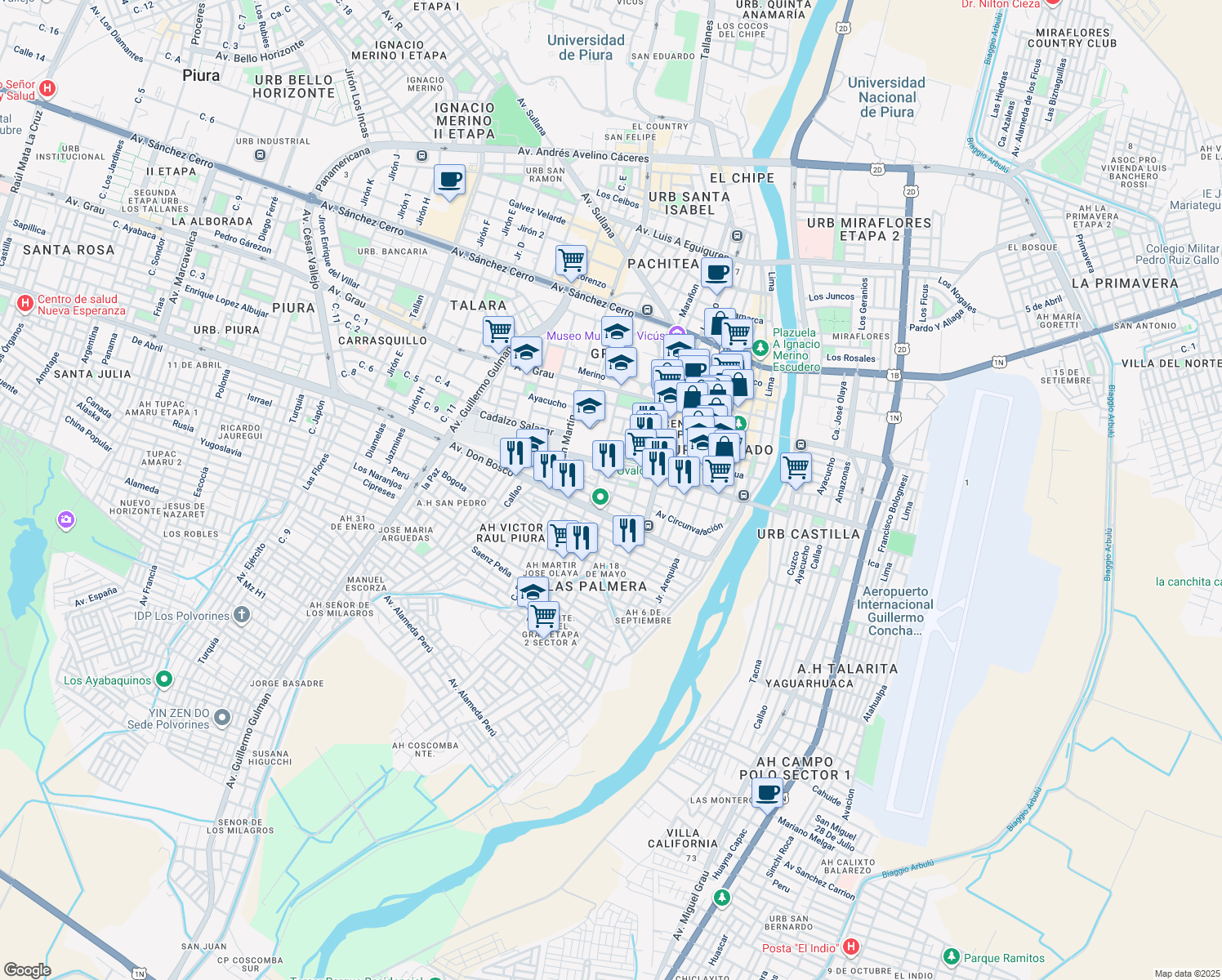map of restaurants, bars, coffee shops, grocery stores, and more near Avenida Circunvalación in Piura