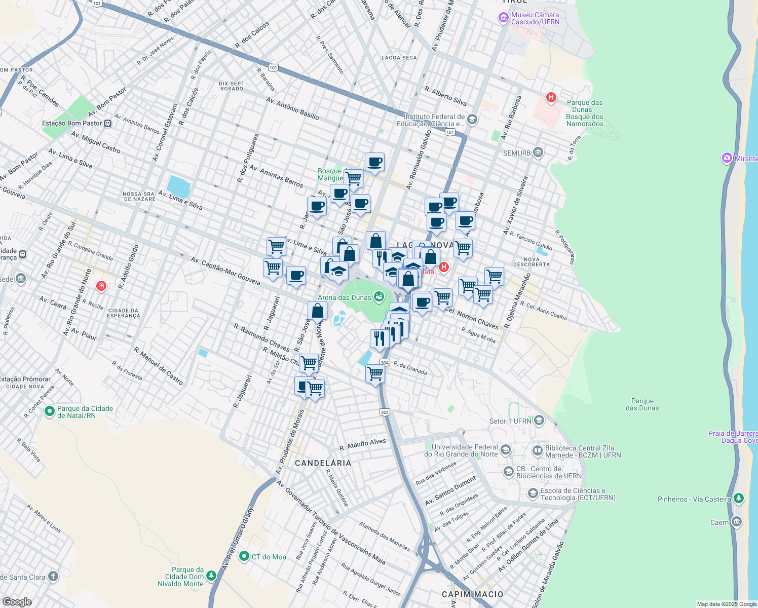 map of restaurants, bars, coffee shops, grocery stores, and more near 5121 Avenida Prudente de Morais in Natal