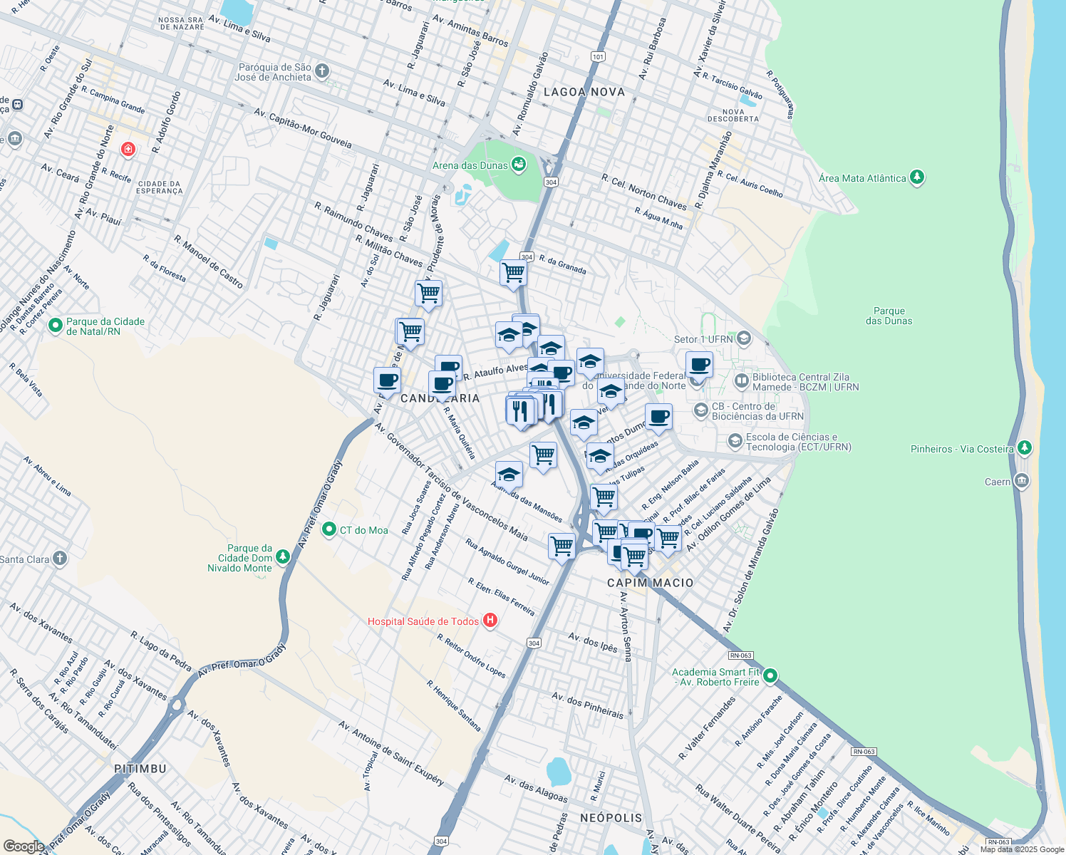 map of restaurants, bars, coffee shops, grocery stores, and more near 2234 Avenida Senador Salgado Filho in Natal