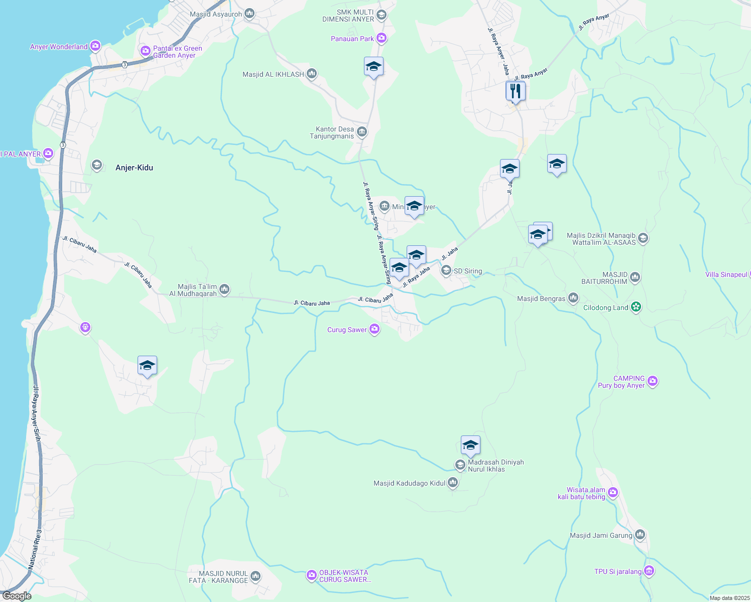 map of restaurants, bars, coffee shops, grocery stores, and more near Jalan Cibaru Jaha in Serang