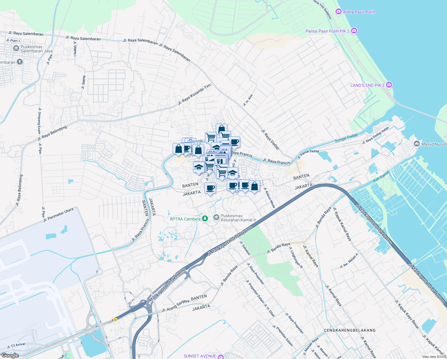 map of restaurants, bars, coffee shops, grocery stores, and more near Jalan Mawar I in Kota Tangerang