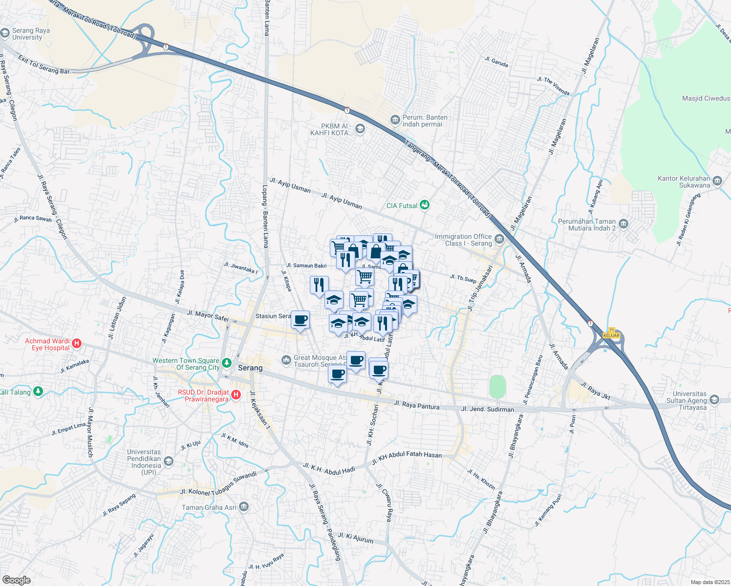 map of restaurants, bars, coffee shops, grocery stores, and more near Jalan Swadaya in Kota Serang