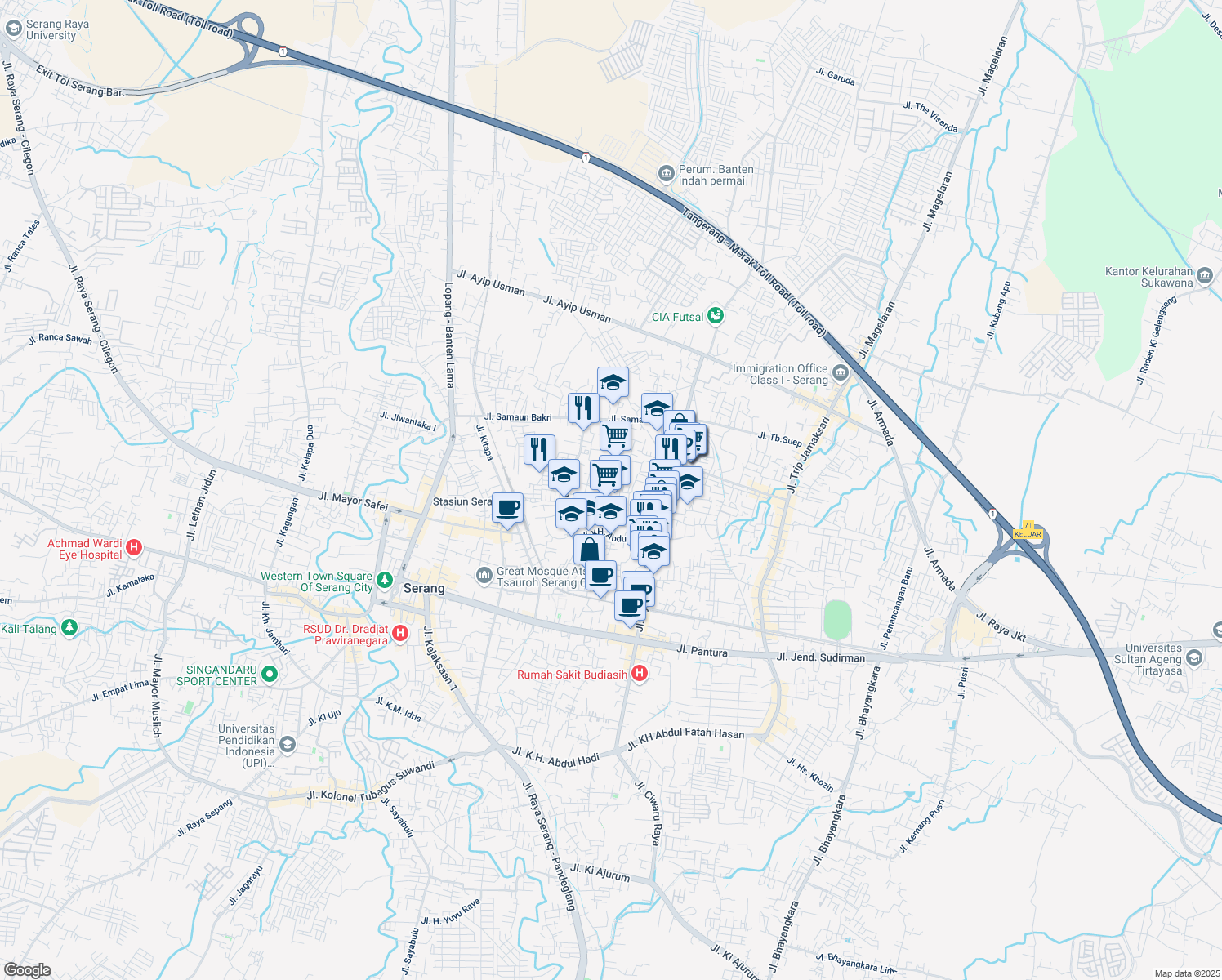 map of restaurants, bars, coffee shops, grocery stores, and more near Jalan Swadaya in Kota Serang