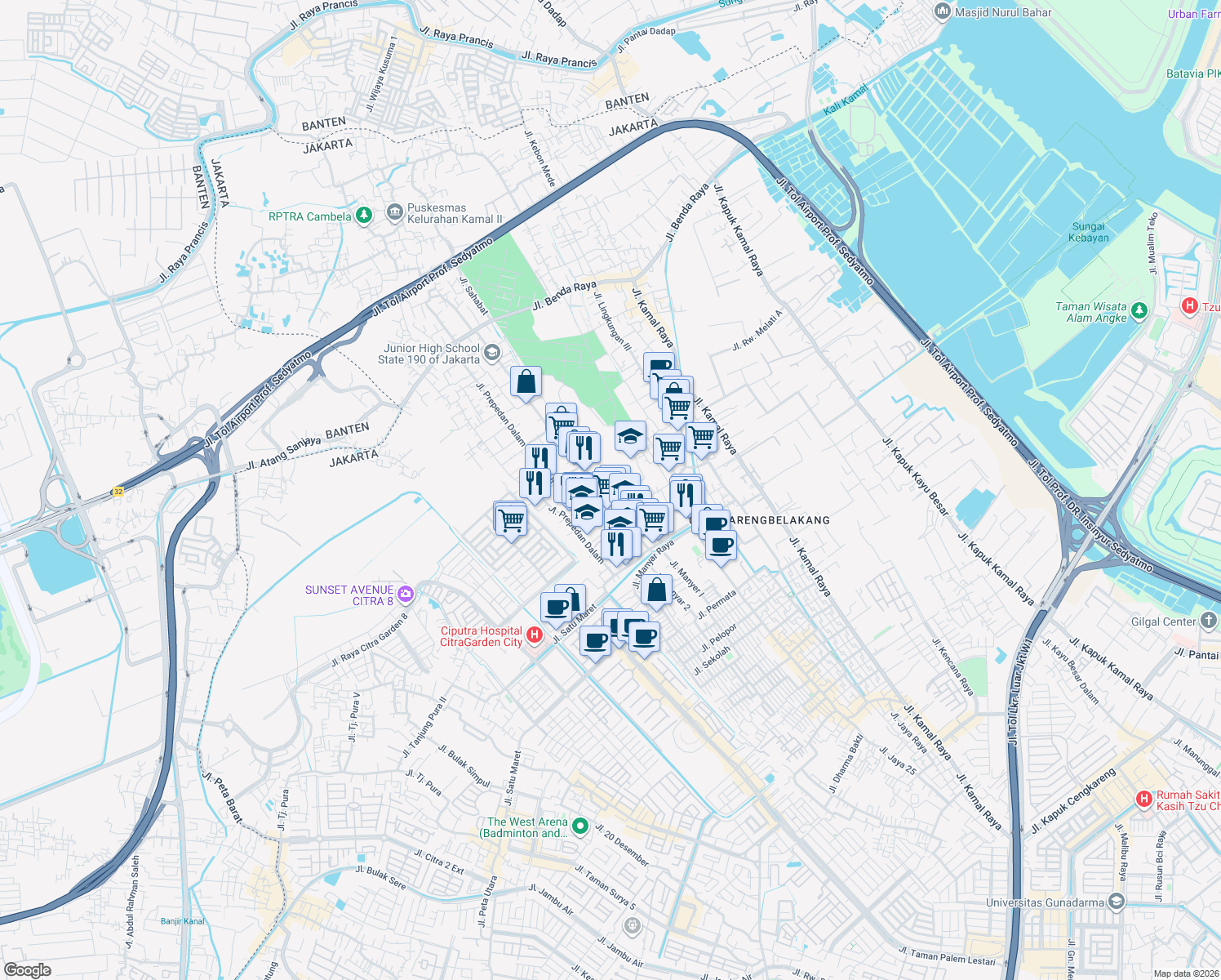 map of restaurants, bars, coffee shops, grocery stores, and more near 86 Jalan Prepedan Raya in Kota Jakarta Barat