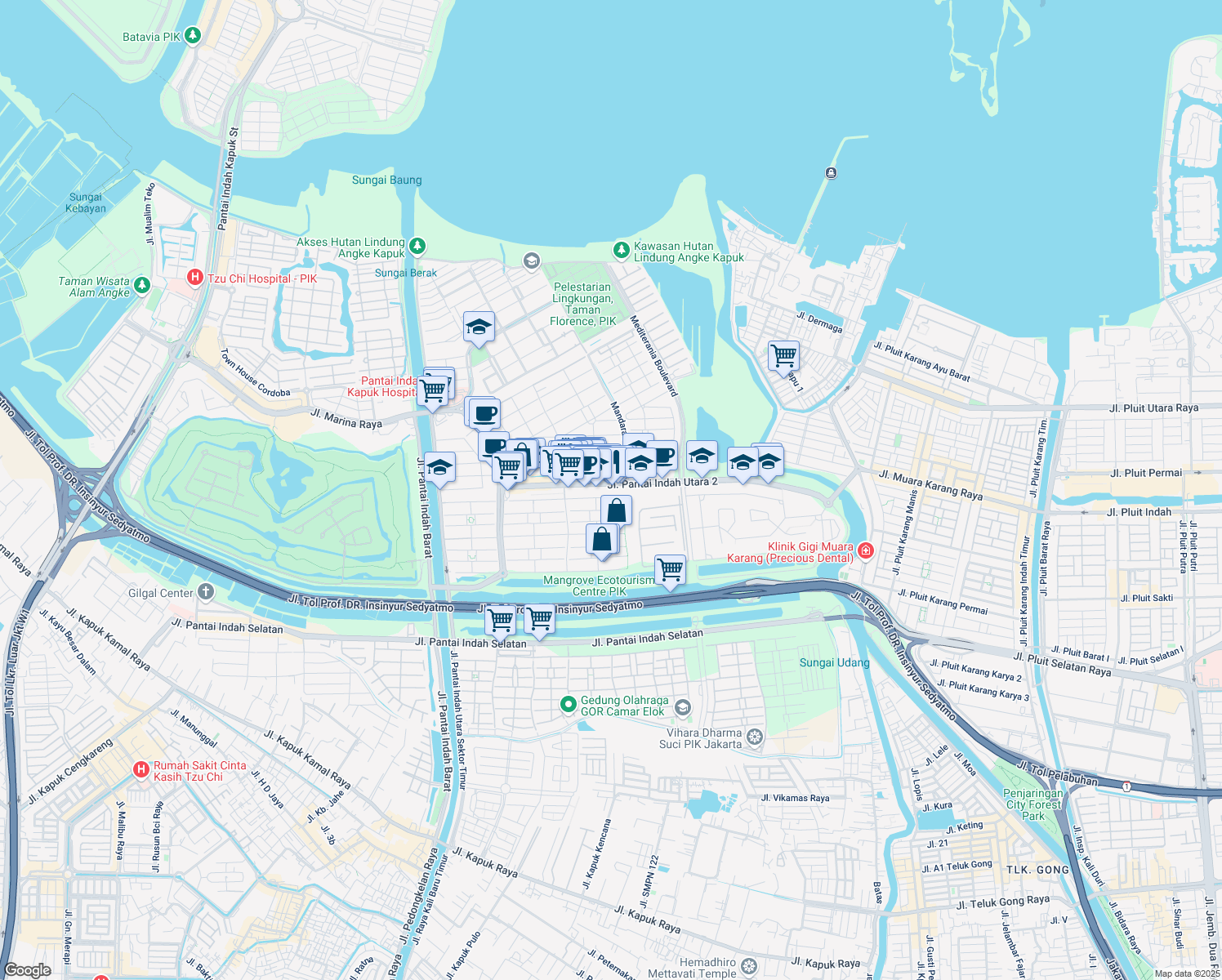 map of restaurants, bars, coffee shops, grocery stores, and more near Jalan Pantai Indah Utara 2 in Jakarta Capital Region