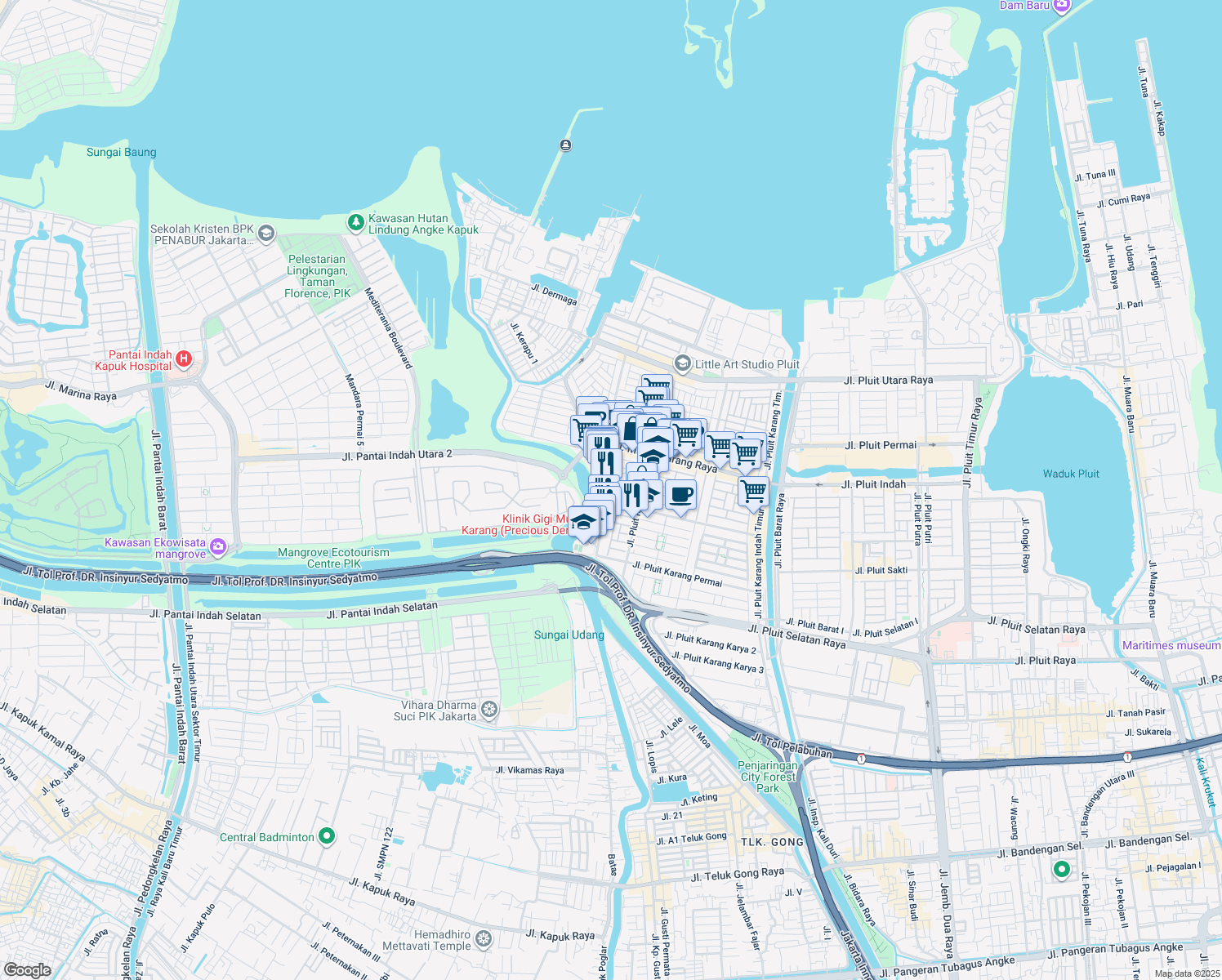 map of restaurants, bars, coffee shops, grocery stores, and more near Jalan Pluit Karang Manis XIII in Kota Jakarta Utara