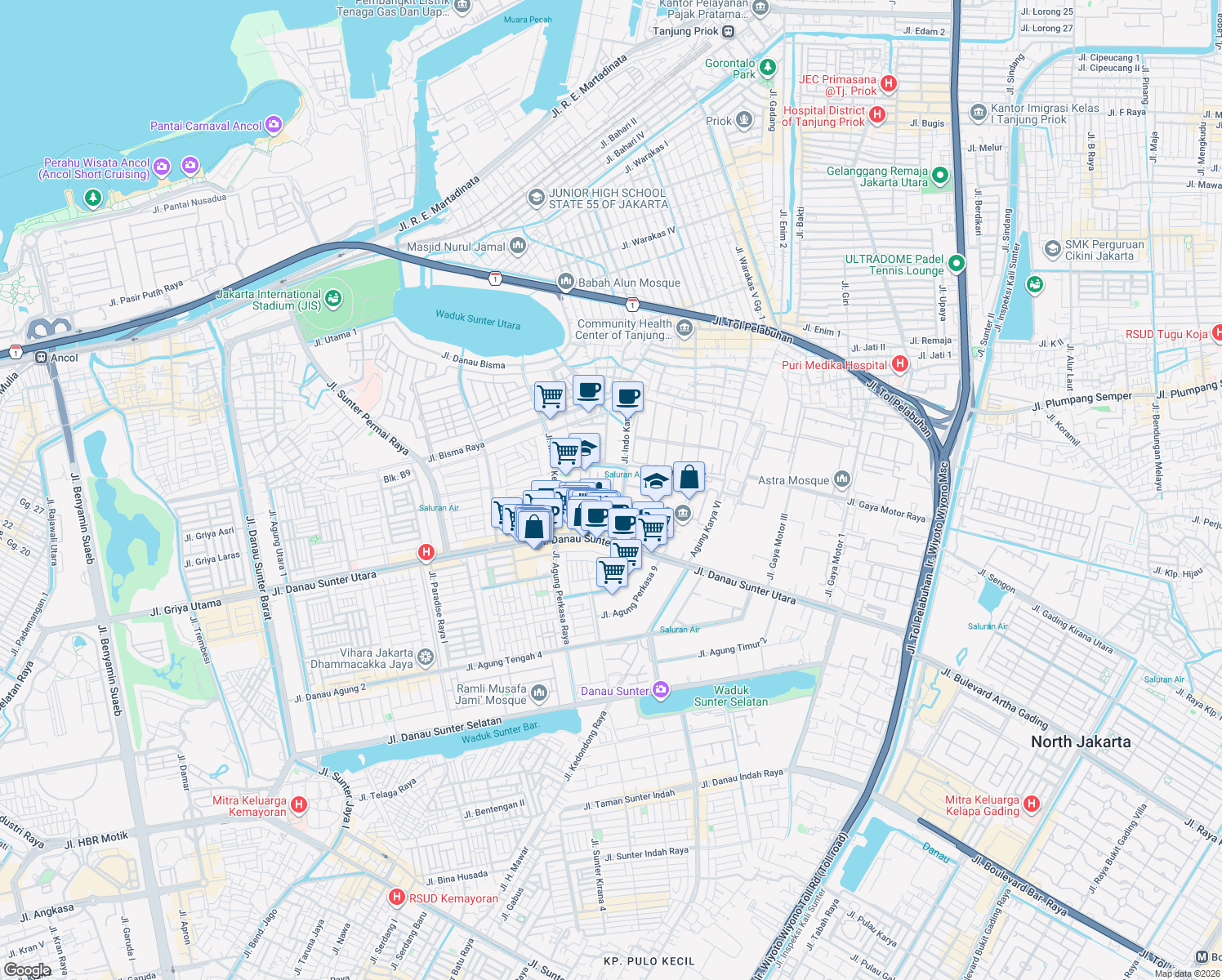 map of restaurants, bars, coffee shops, grocery stores, and more near 44 Jalan Metro Ria II in Jakarta Utara