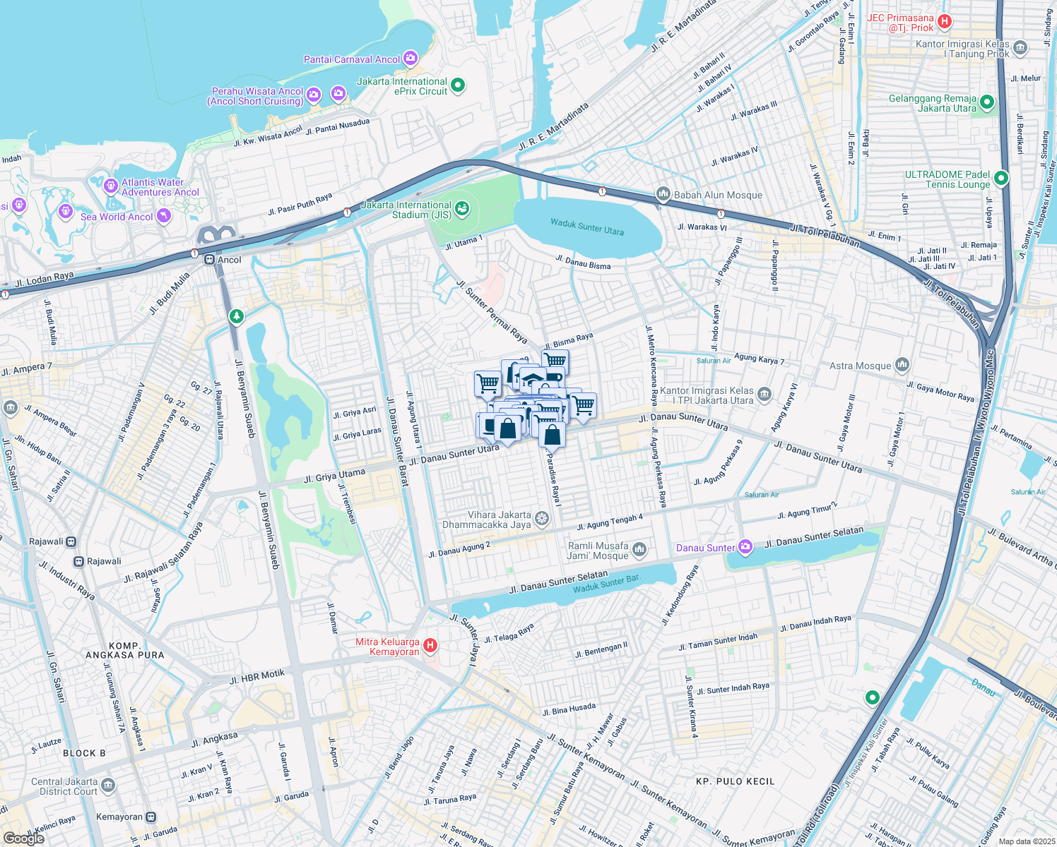 map of restaurants, bars, coffee shops, grocery stores, and more near 12A Sunter Garden in Kota Jakarta Utara