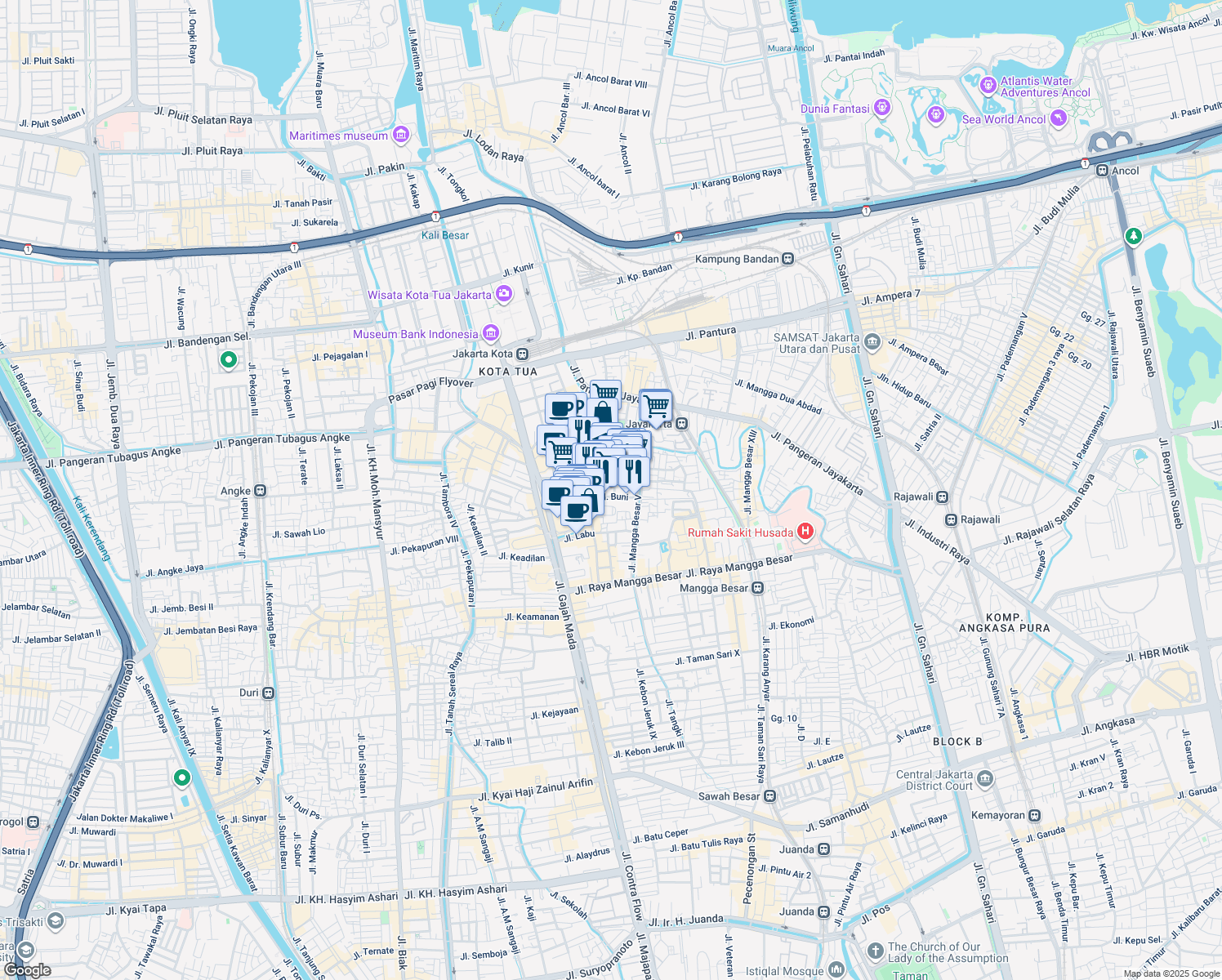 map of restaurants, bars, coffee shops, grocery stores, and more near in West Jakarta City