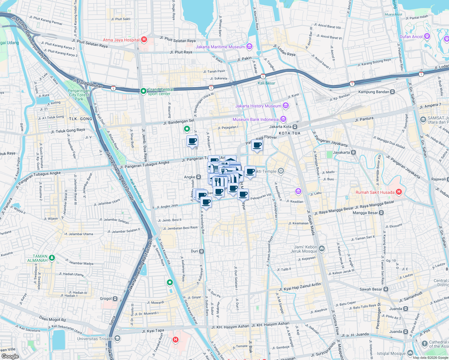 map of restaurants, bars, coffee shops, grocery stores, and more near in West Jakarta City