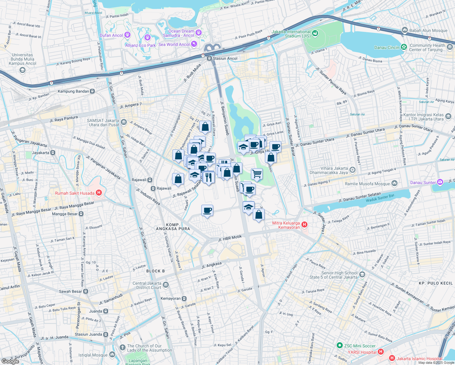 map of restaurants, bars, coffee shops, grocery stores, and more near Jalan Benyamin Sueb in Kota Jakarta Utara