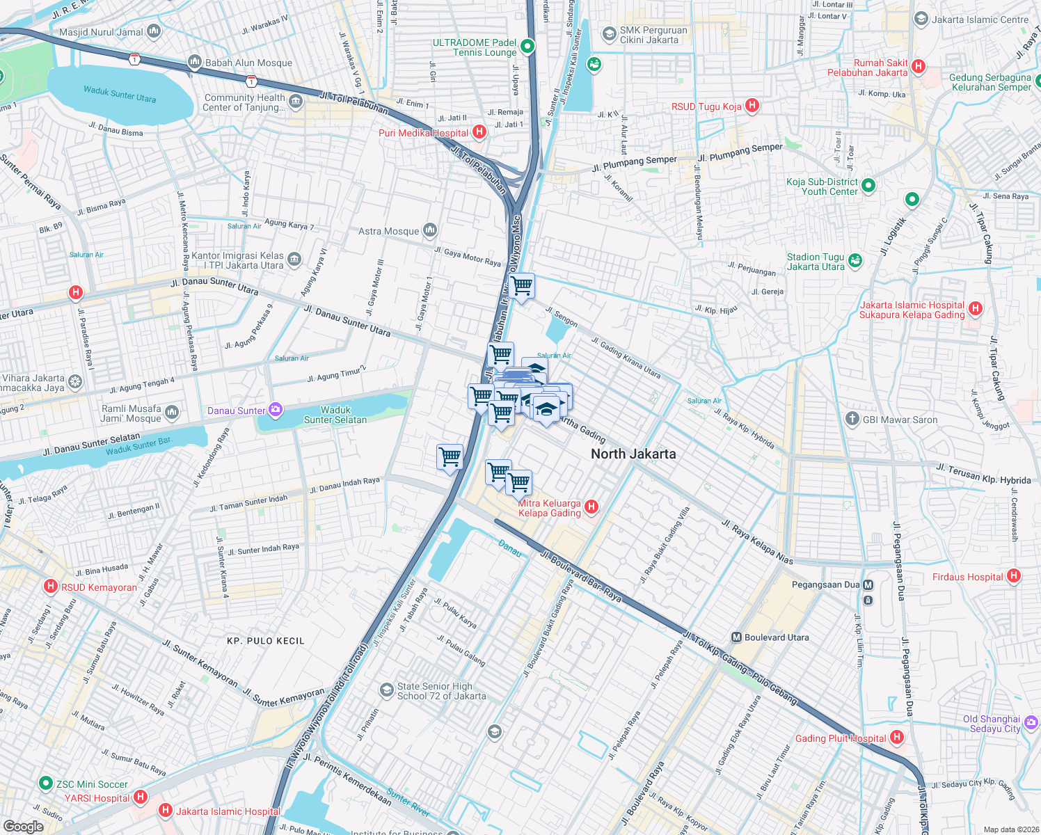 map of restaurants, bars, coffee shops, grocery stores, and more near No.1 Jalan Artha Gading Selatan in Kota Jakarta Utara