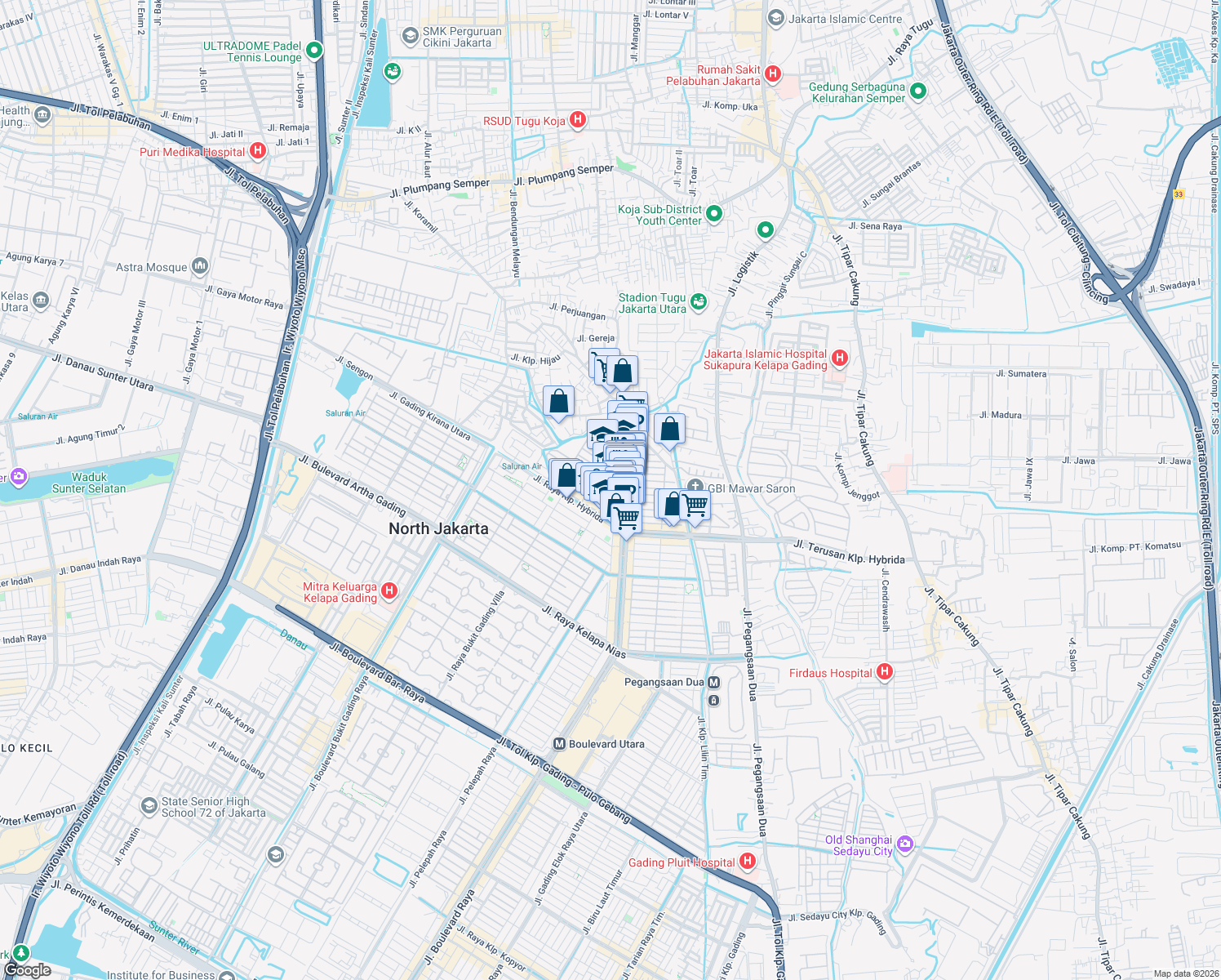 map of restaurants, bars, coffee shops, grocery stores, and more near 16 Jalan Janur Asri III in Kota Jakarta Utara