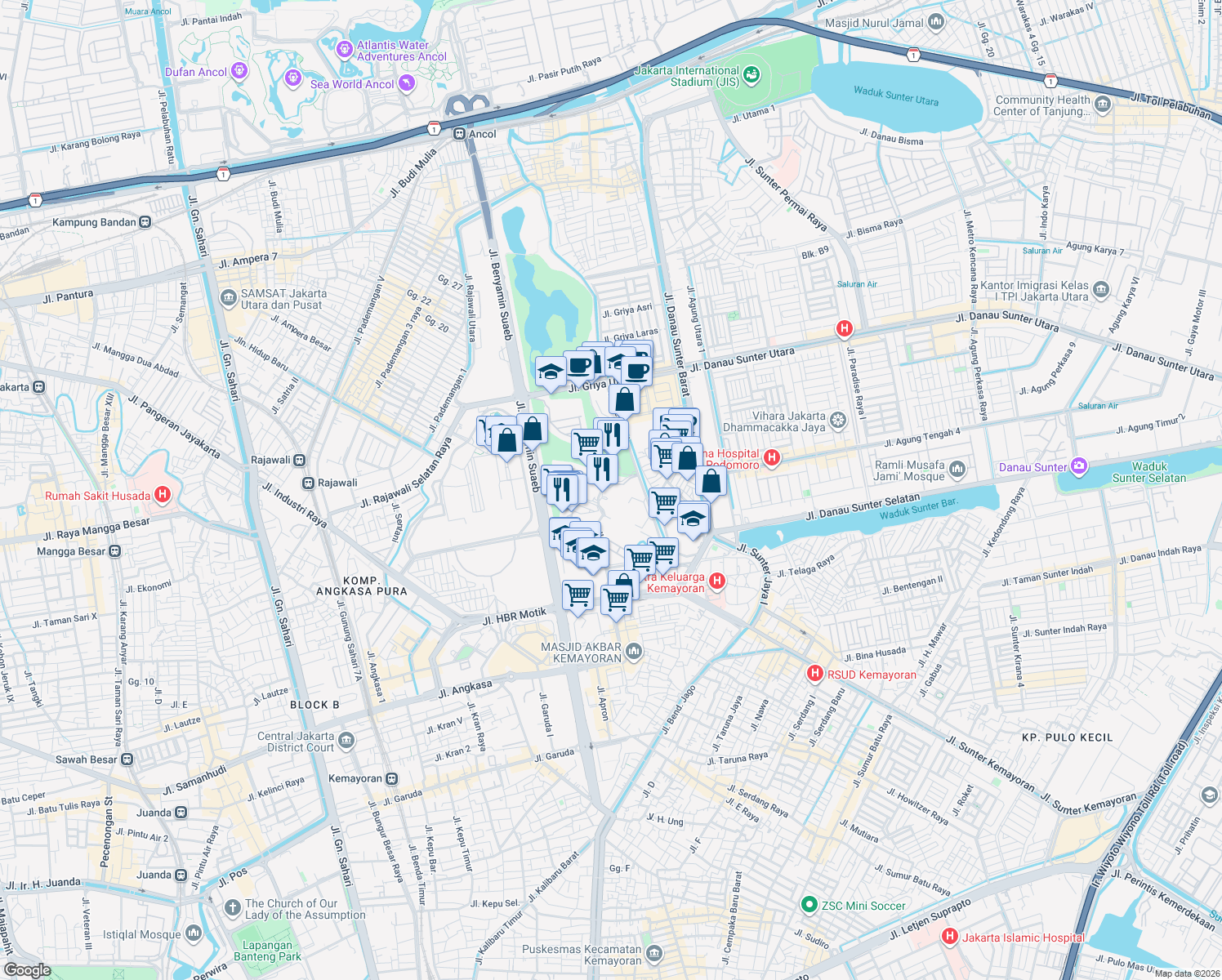 map of restaurants, bars, coffee shops, grocery stores, and more near Jalan Trembesi in Kota Jakarta Utara