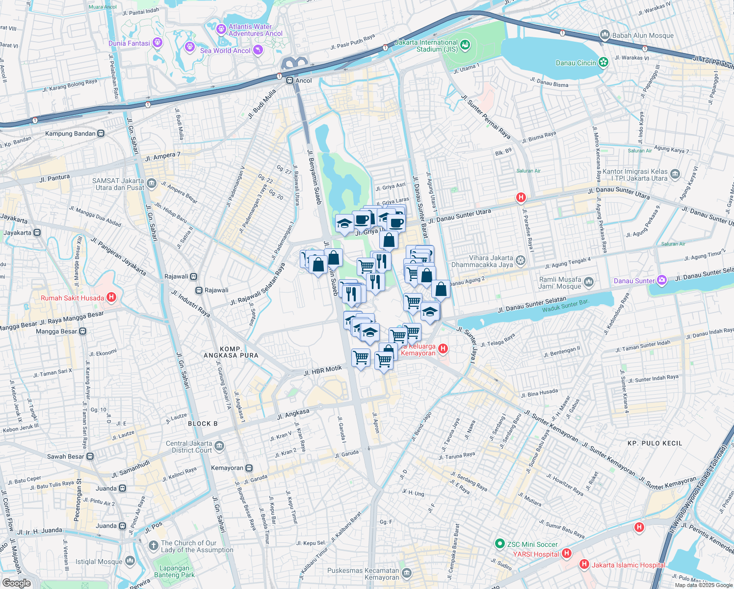 map of restaurants, bars, coffee shops, grocery stores, and more near Jalan Benyamin Sueb in Kota Jakarta Utara