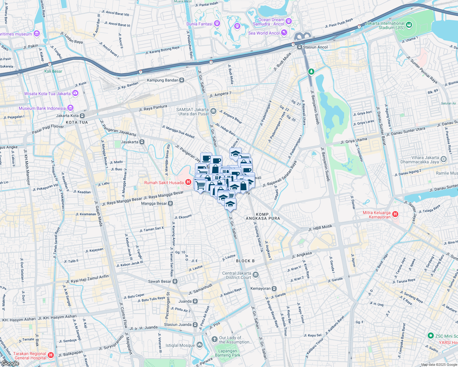 map of restaurants, bars, coffee shops, grocery stores, and more near 34 Jalan Gunung Sahari 12 in Kota Jakarta Pusat