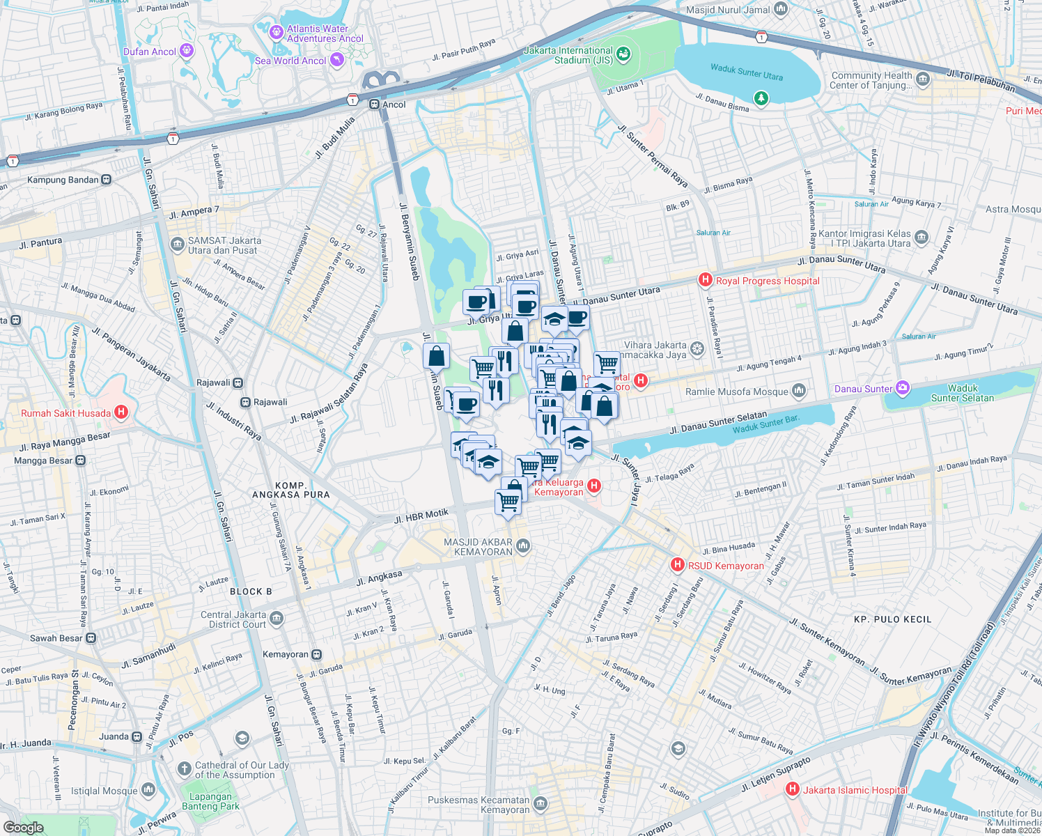 map of restaurants, bars, coffee shops, grocery stores, and more near in Kota Jakarta Utara