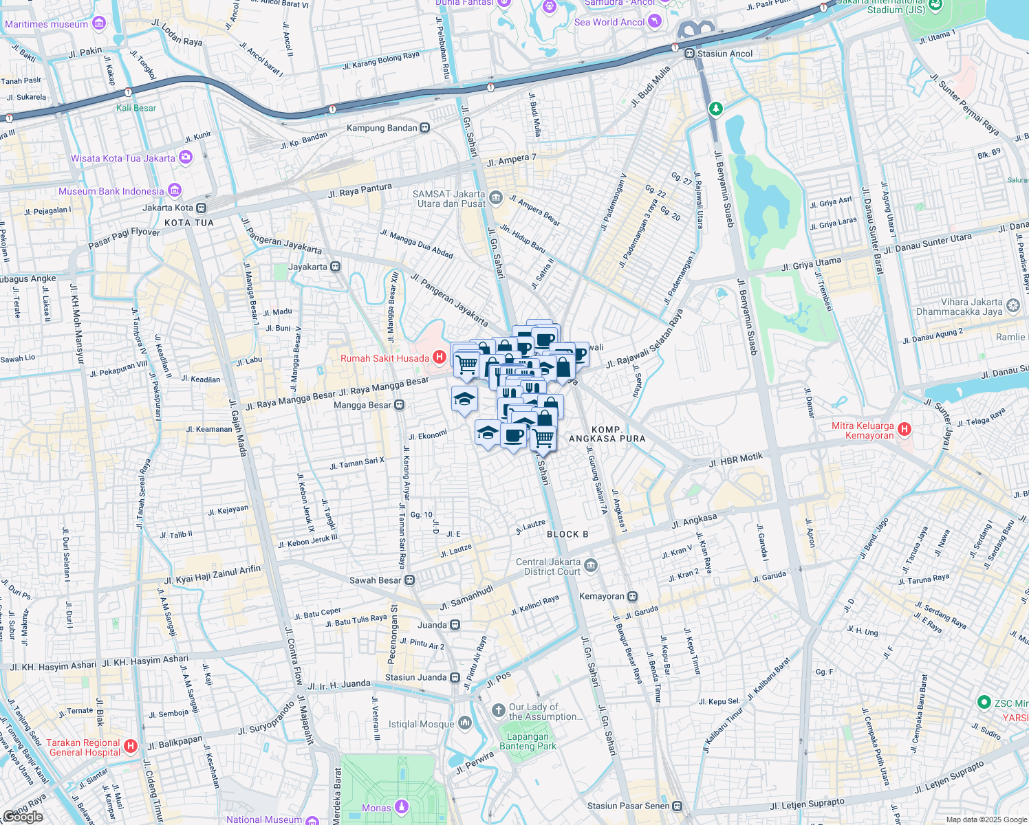 map of restaurants, bars, coffee shops, grocery stores, and more near 7 Jalan Kartini X B in Kota Jakarta Pusat