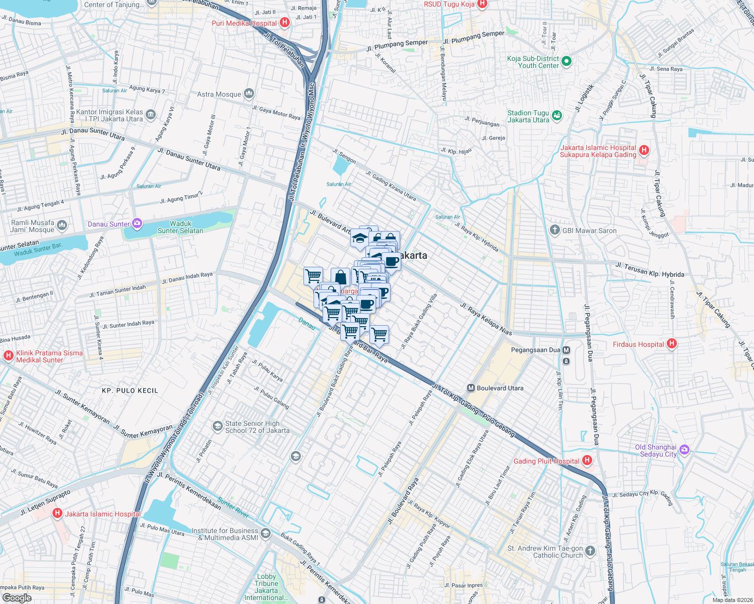 map of restaurants, bars, coffee shops, grocery stores, and more near Jalan Bukit Gading Raya in North Jakarta