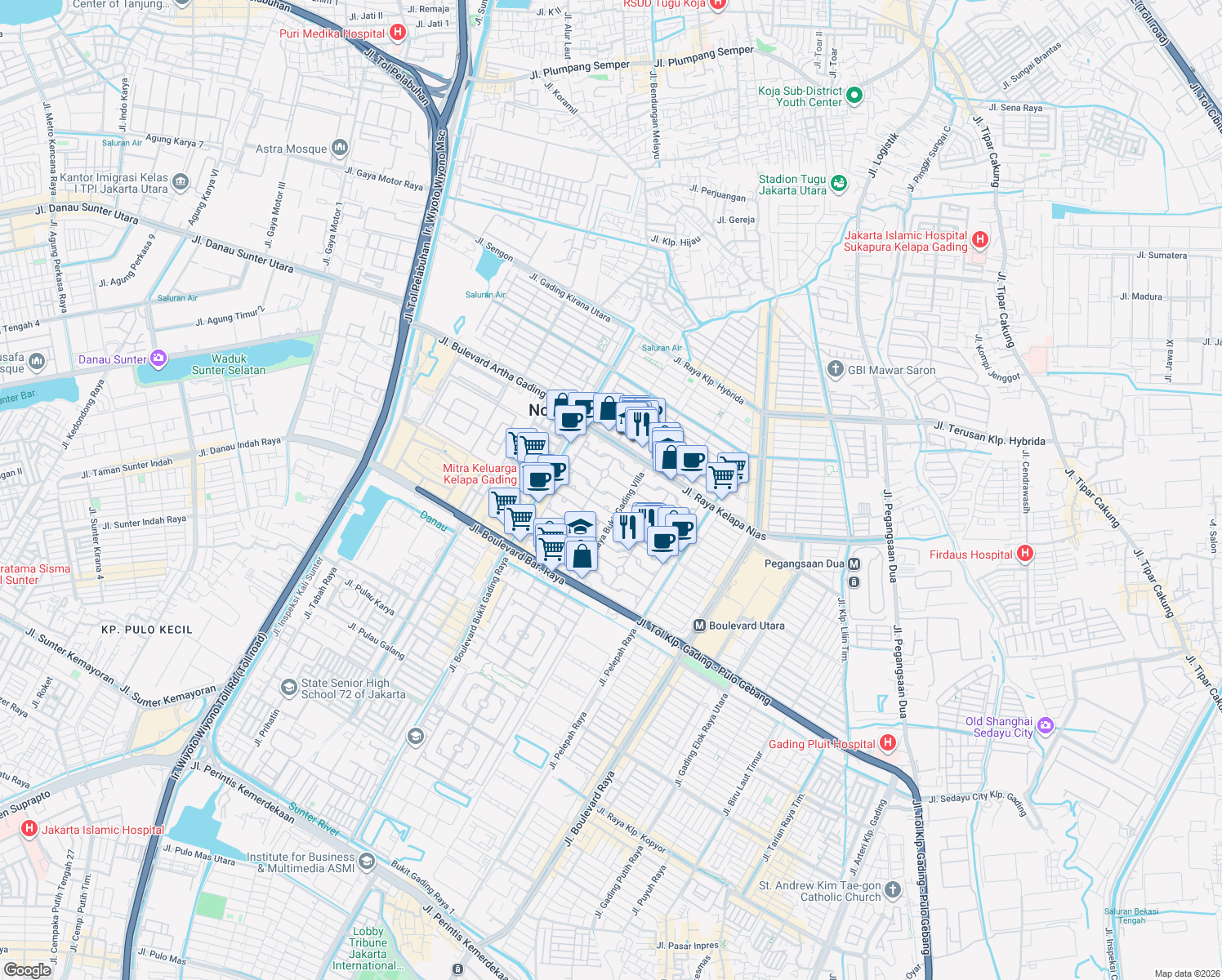 map of restaurants, bars, coffee shops, grocery stores, and more near Jalan Bukit Gading Raya in North Jakarta
