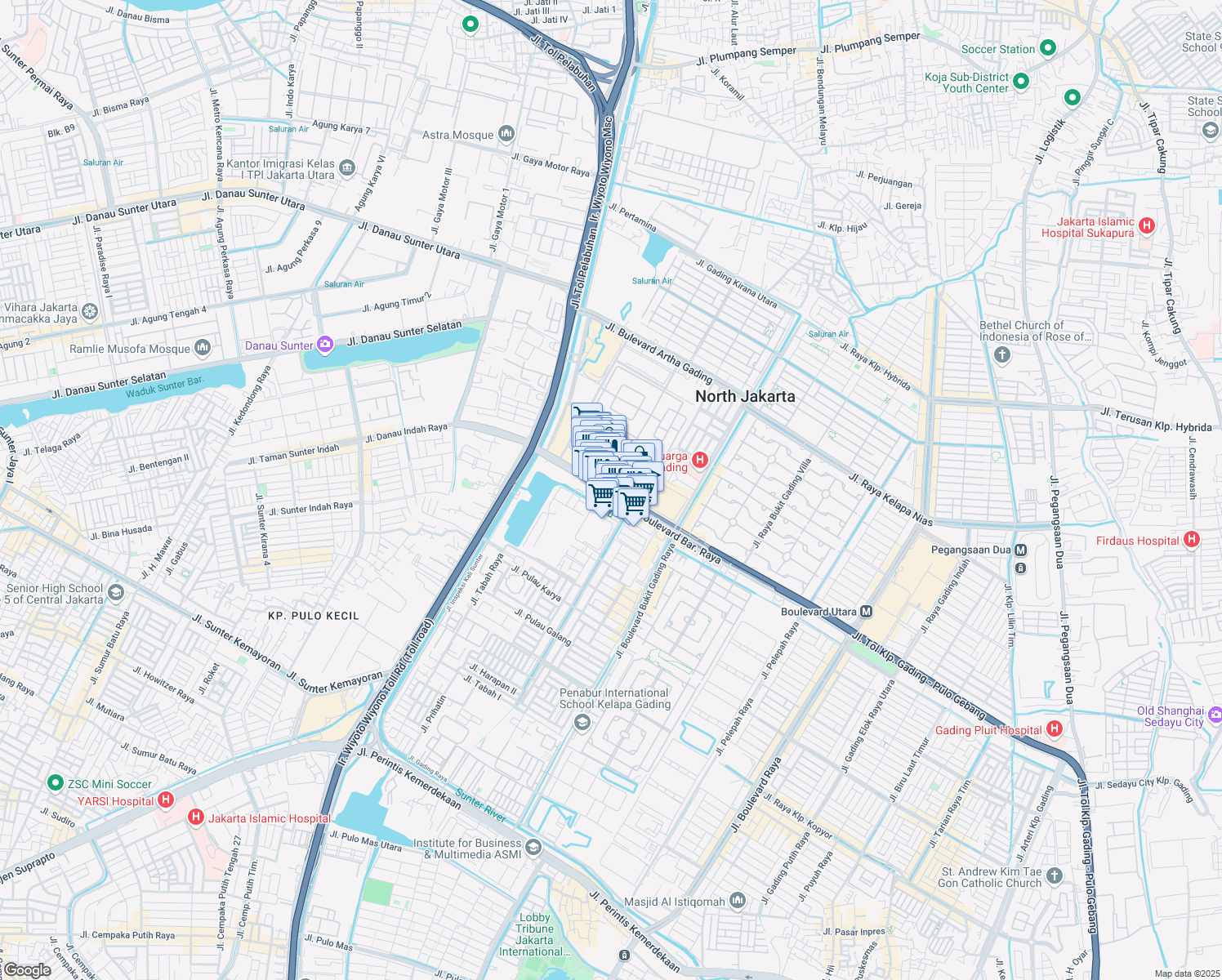 map of restaurants, bars, coffee shops, grocery stores, and more near Jalan Boulevard Barat Raya in Kota Jakarta Utara