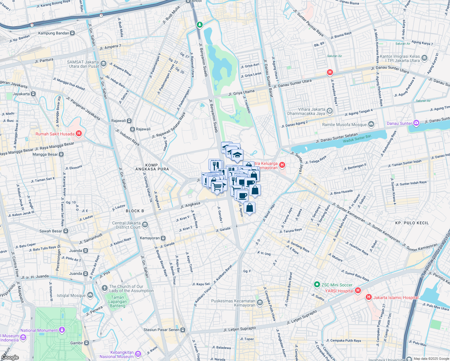 map of restaurants, bars, coffee shops, grocery stores, and more near 13 Jalan Benyamin Sueb in Kota Jakarta Pusat