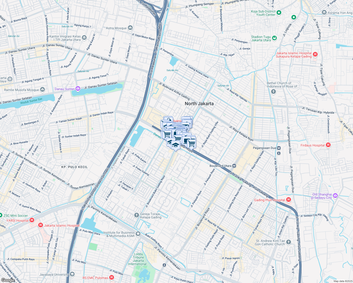 map of restaurants, bars, coffee shops, grocery stores, and more near Jalan Boulevard Barat Raya in Kota Jakarta Utara