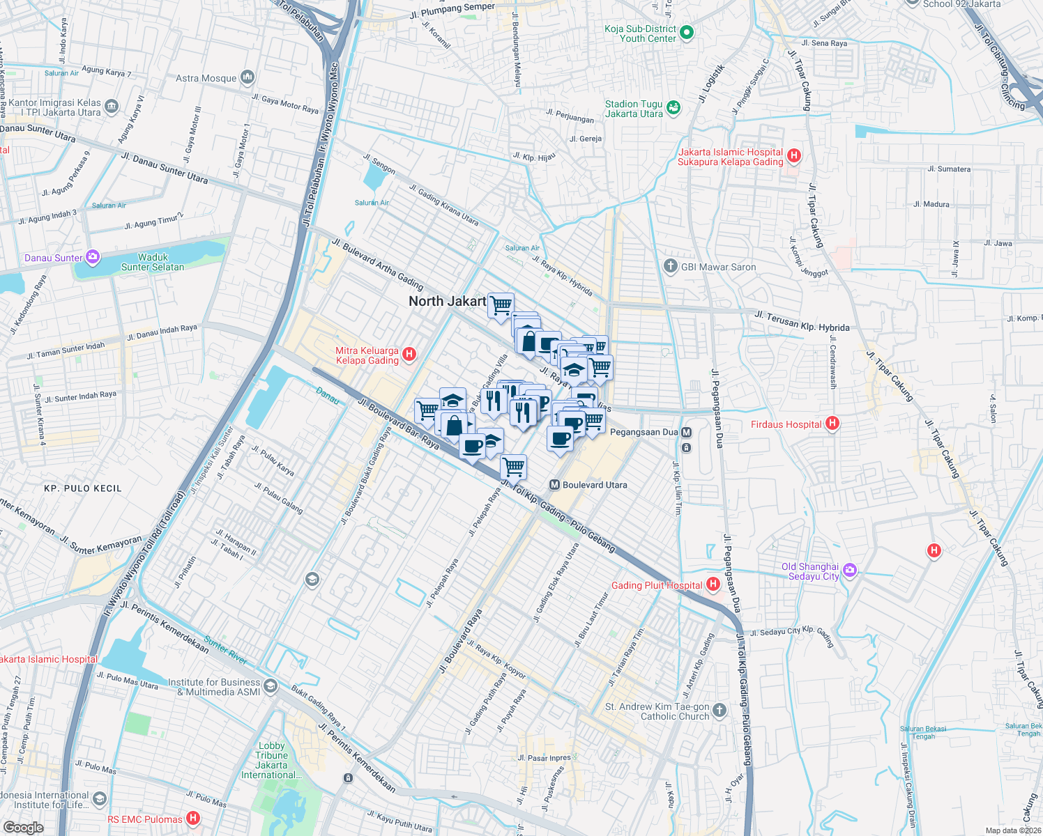map of restaurants, bars, coffee shops, grocery stores, and more near 95 Jalan Kintamani 1 in Jakarta Utara