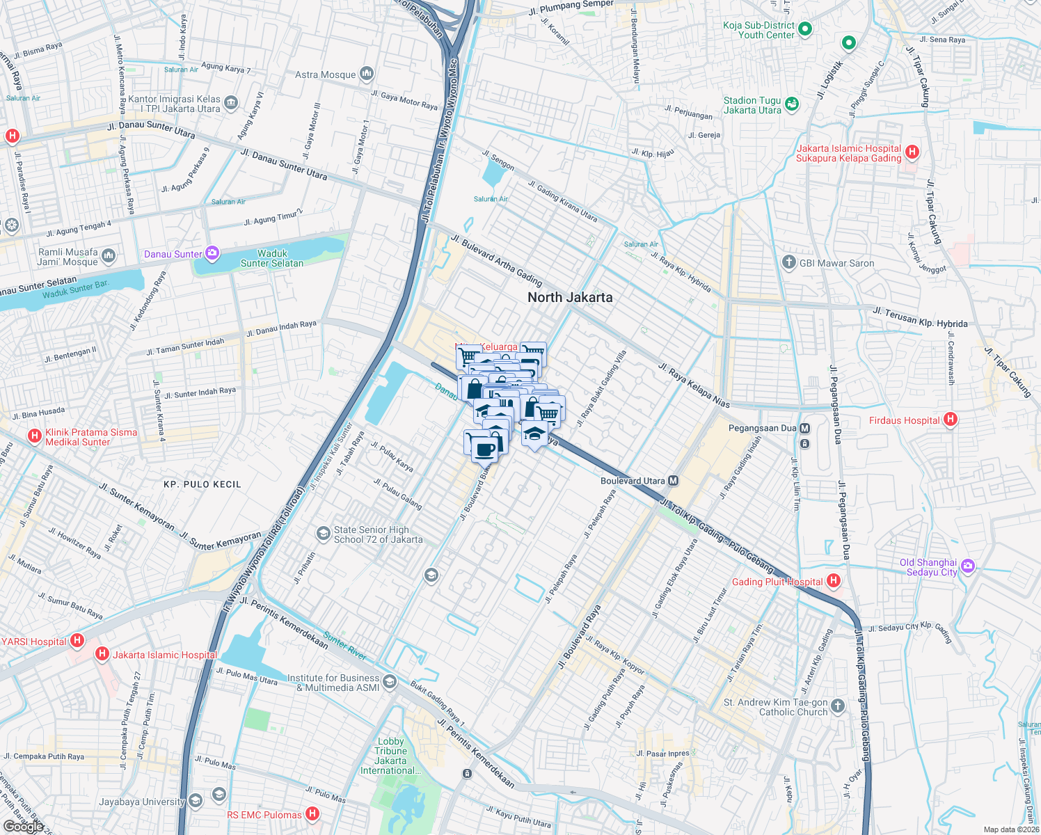 map of restaurants, bars, coffee shops, grocery stores, and more near in North Jakarta City