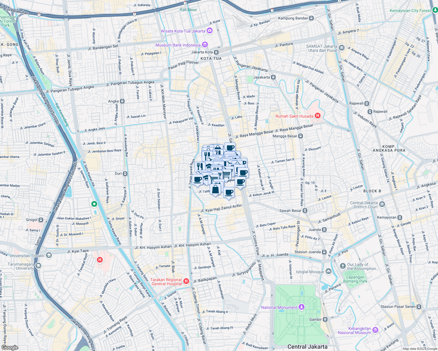 map of restaurants, bars, coffee shops, grocery stores, and more near Jalan Kejayaan Belakang in Kota Jakarta Barat