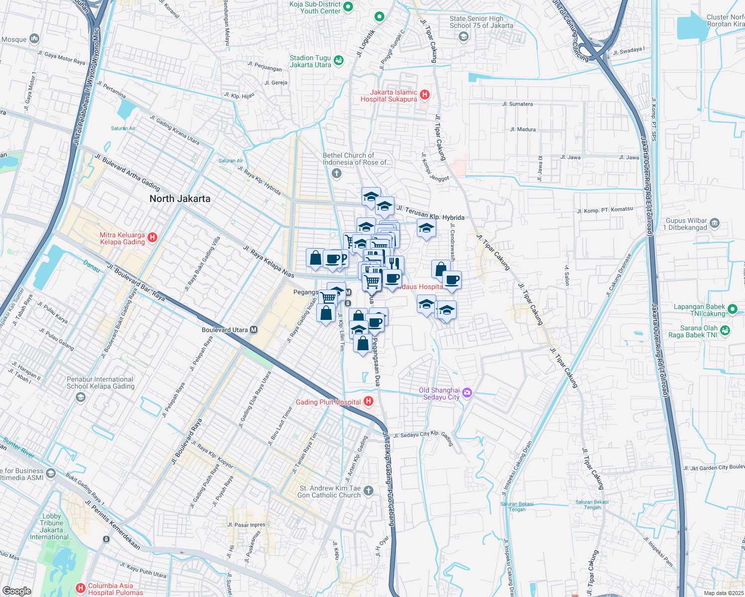 map of restaurants, bars, coffee shops, grocery stores, and more near Jalan Pegangsaan Dua in Kota Jakarta Utara