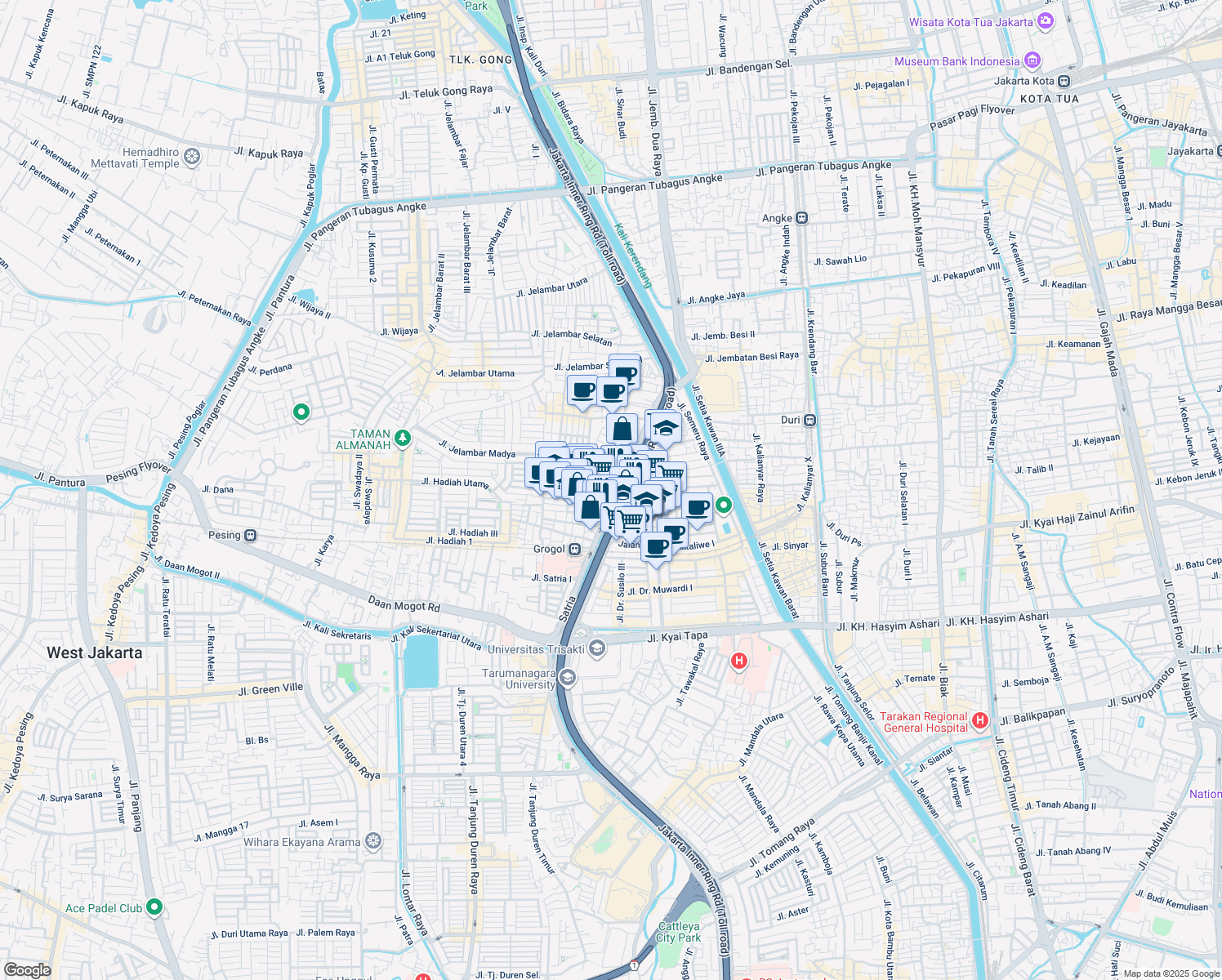map of restaurants, bars, coffee shops, grocery stores, and more near Jalan Jelambar Selatan XVI in Kota Jakarta Barat