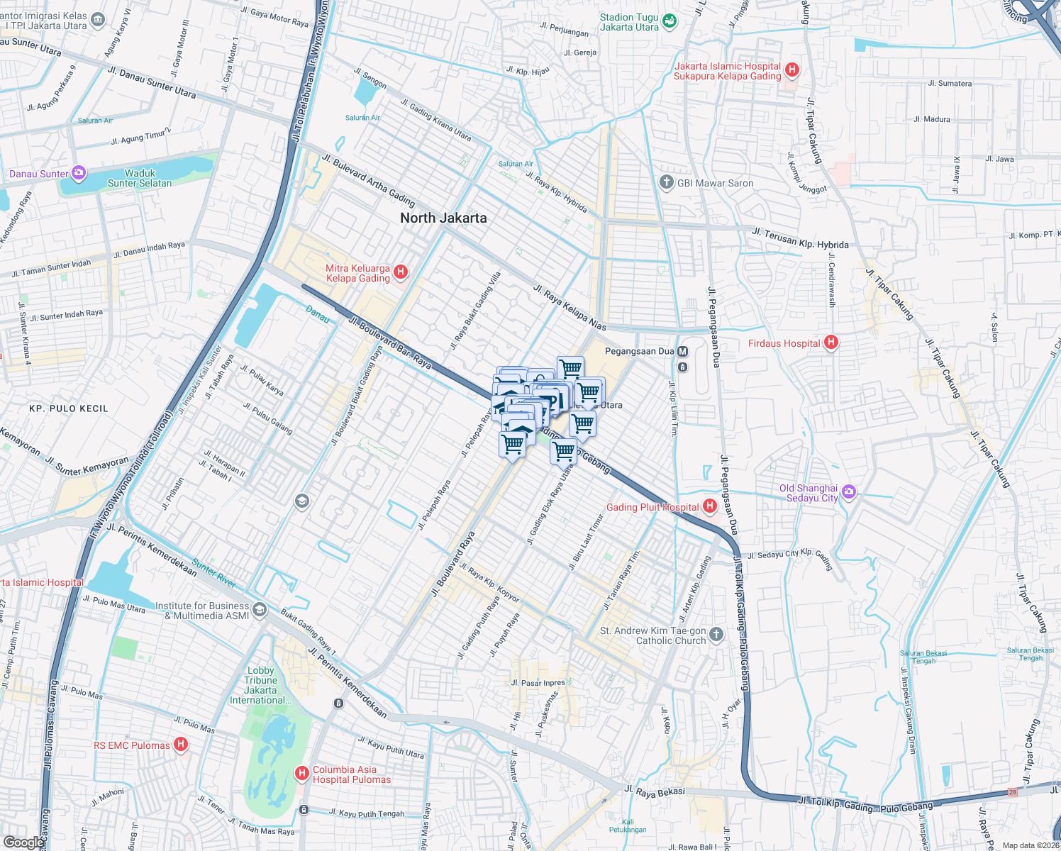 map of restaurants, bars, coffee shops, grocery stores, and more near 16 Bundaran Kelapa Gading in Kota Jakarta Utara