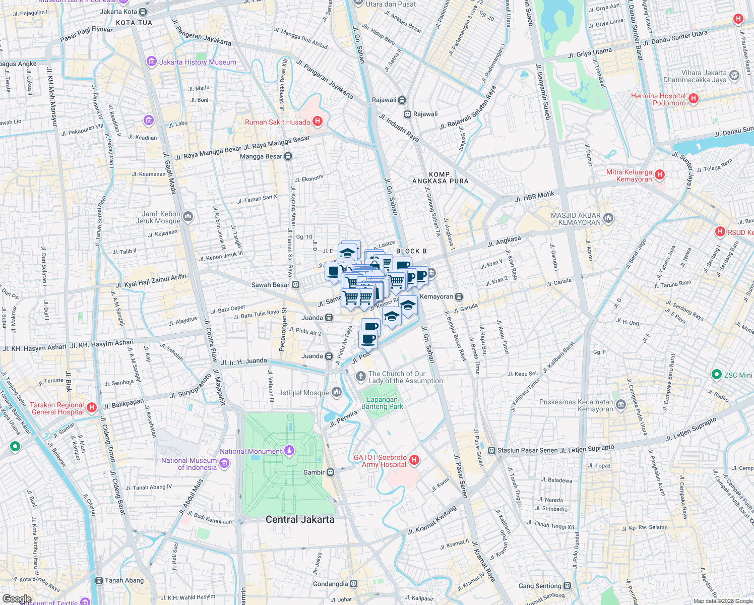 map of restaurants, bars, coffee shops, grocery stores, and more near Jalan Gereja Ayam in Kota Jakarta Pusat