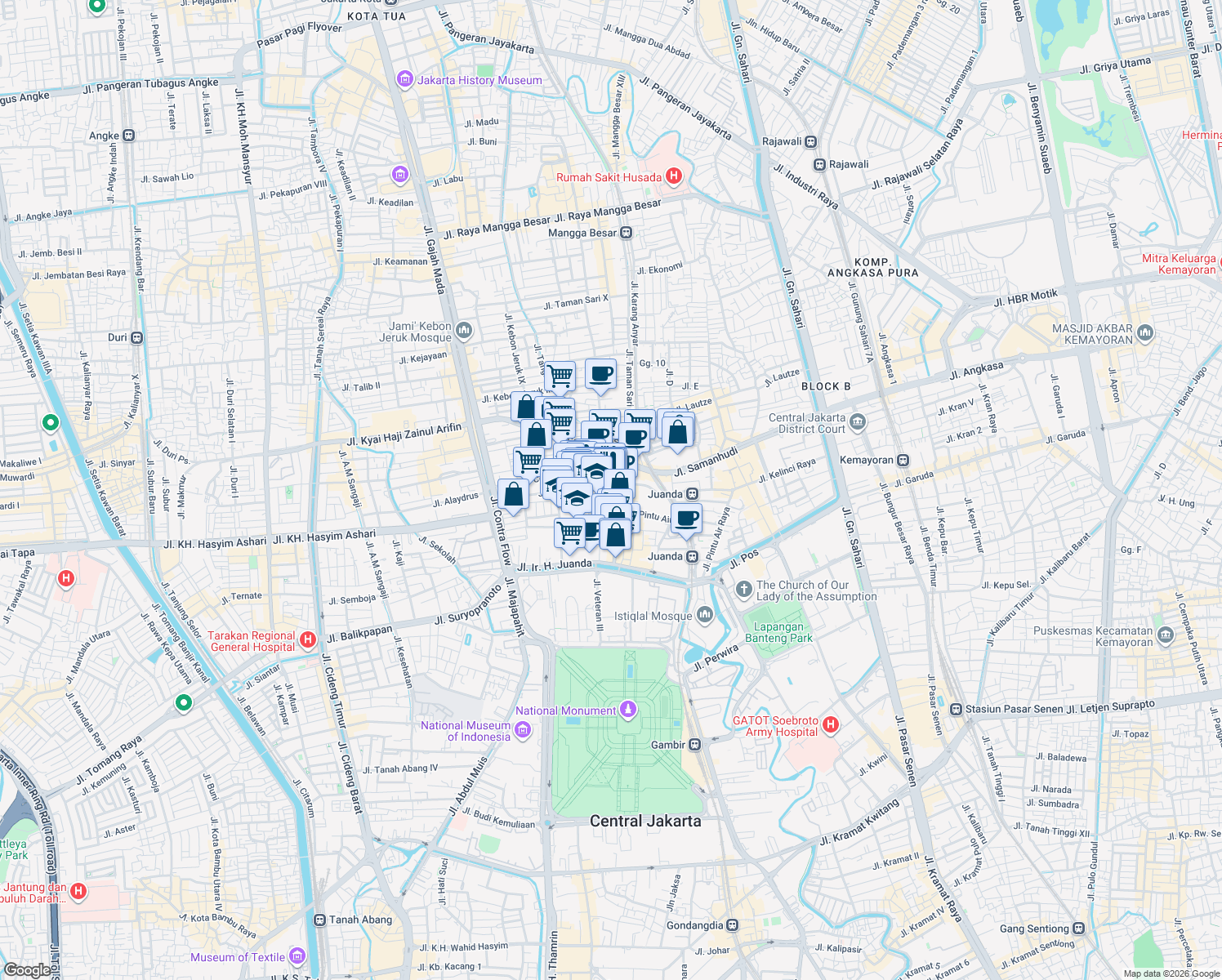 map of restaurants, bars, coffee shops, grocery stores, and more near No.52 Jalan Batu Tulis Raya in Kota Jakarta Pusat