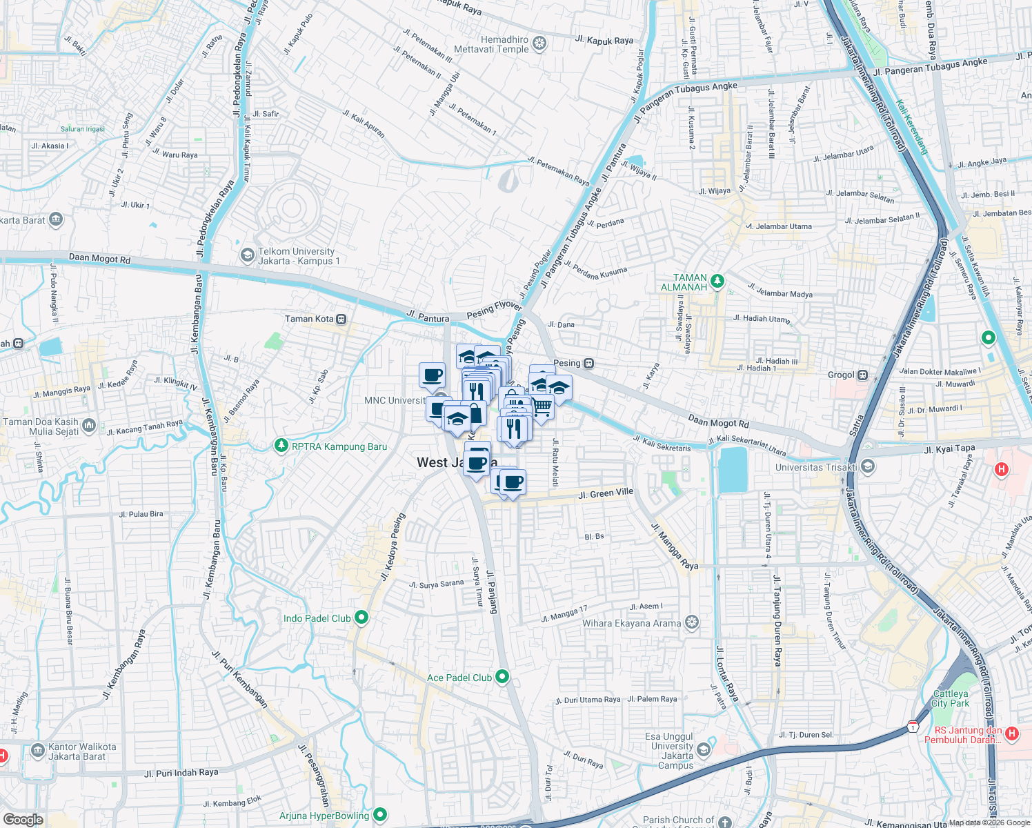 map of restaurants, bars, coffee shops, grocery stores, and more near 32 Jalan Ratu Teratai in Kota Jakarta Barat