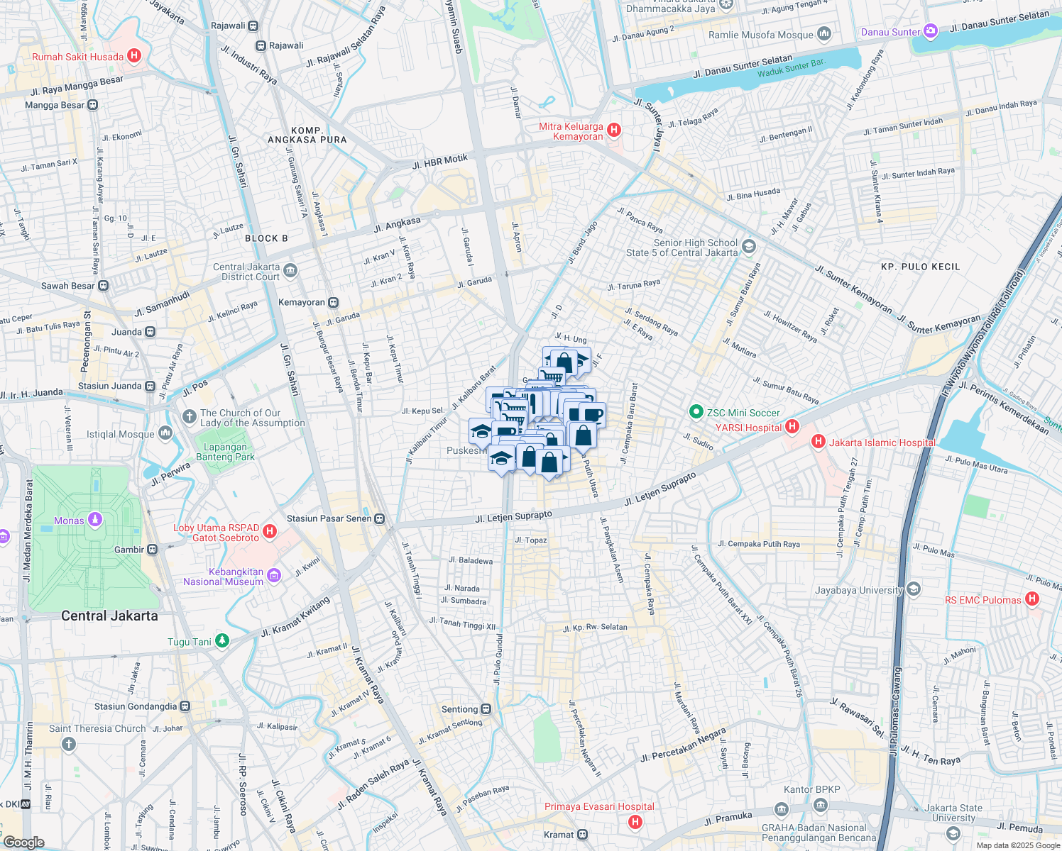 map of restaurants, bars, coffee shops, grocery stores, and more near 69 Jalan Utan Panjang III in Kota Jakarta Pusat