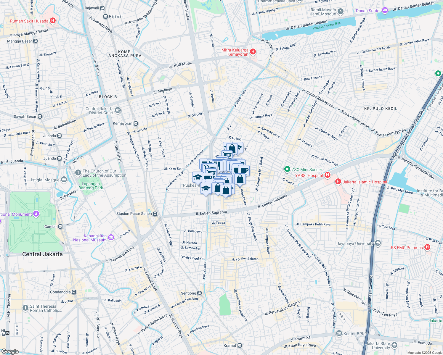 map of restaurants, bars, coffee shops, grocery stores, and more near 128 Jalan Sukamulia IV in Kota Jakarta Pusat