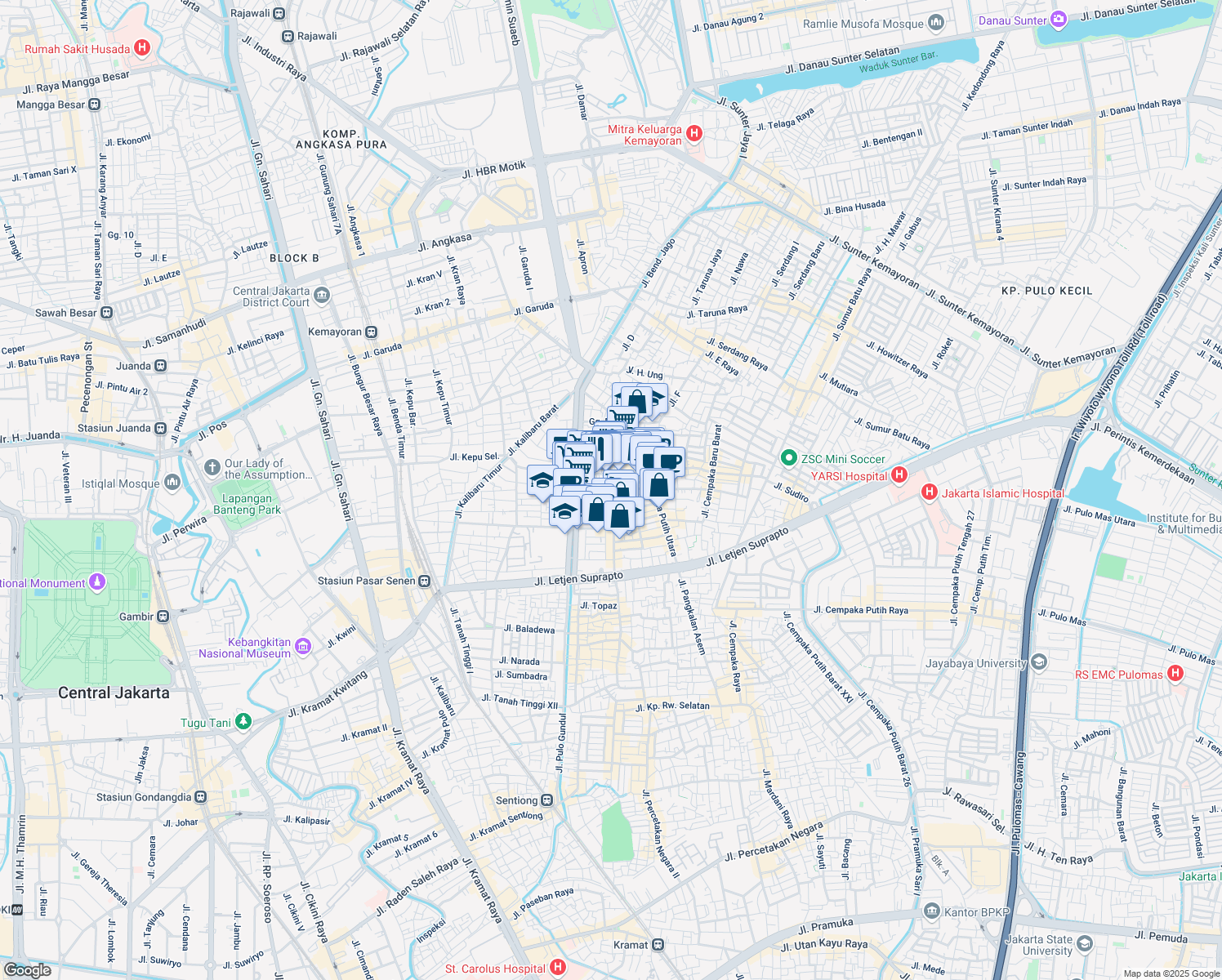 map of restaurants, bars, coffee shops, grocery stores, and more near 69 Jalan Utan Panjang III in Kota Jakarta Pusat