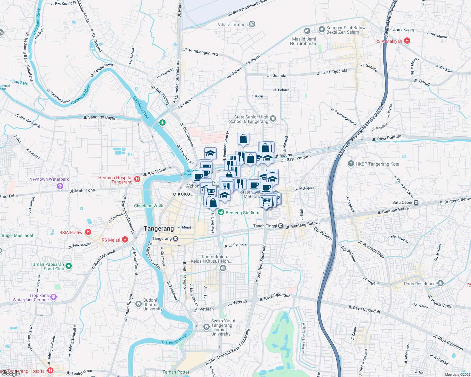 map of restaurants, bars, coffee shops, grocery stores, and more near in Tangerang