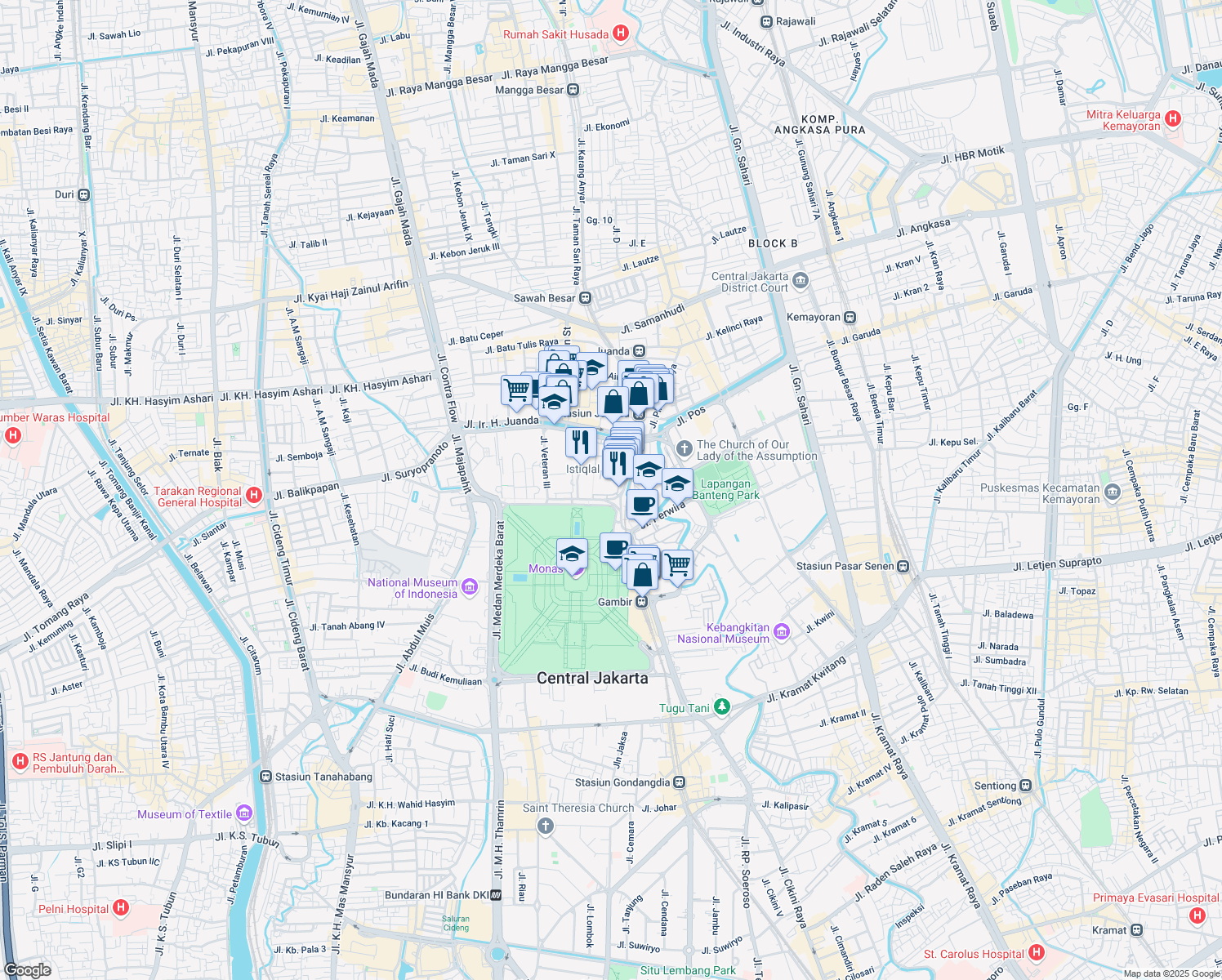 map of restaurants, bars, coffee shops, grocery stores, and more near 2 Jalan Medan Merdeka Utara in Kota Jakarta Pusat