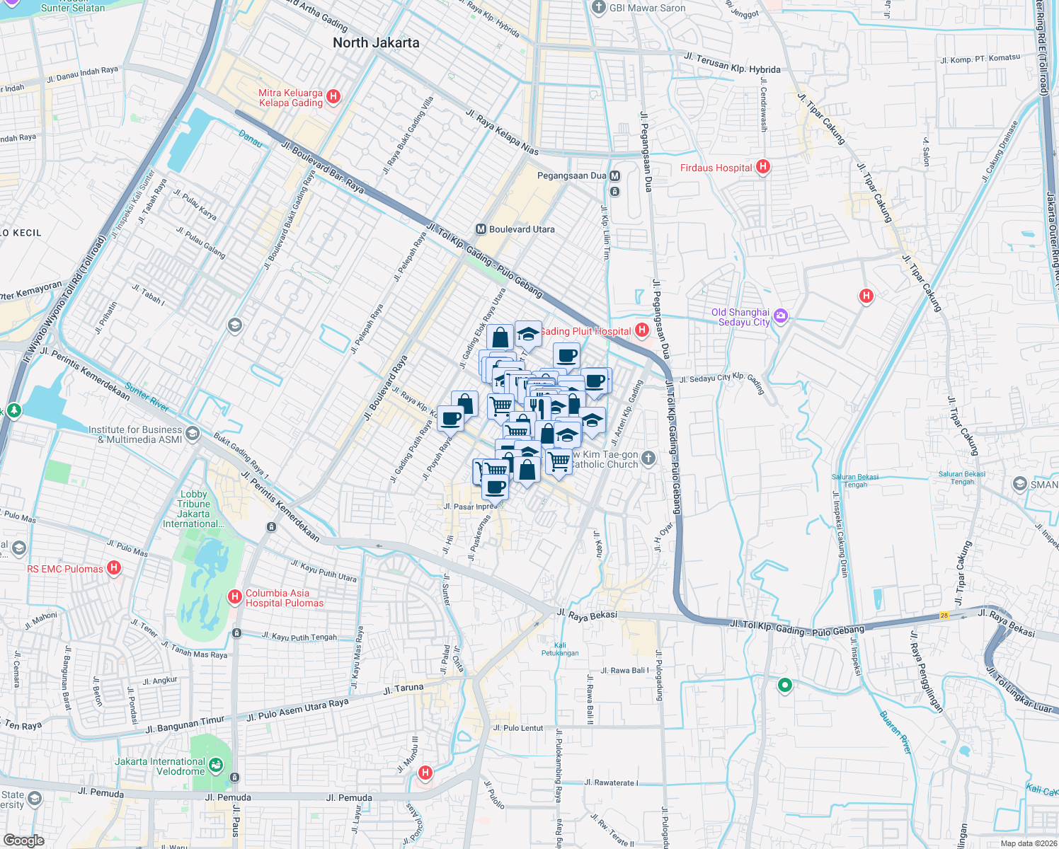 map of restaurants, bars, coffee shops, grocery stores, and more near 16 Bundaran Kelapa Gading in Kota Jakarta Utara